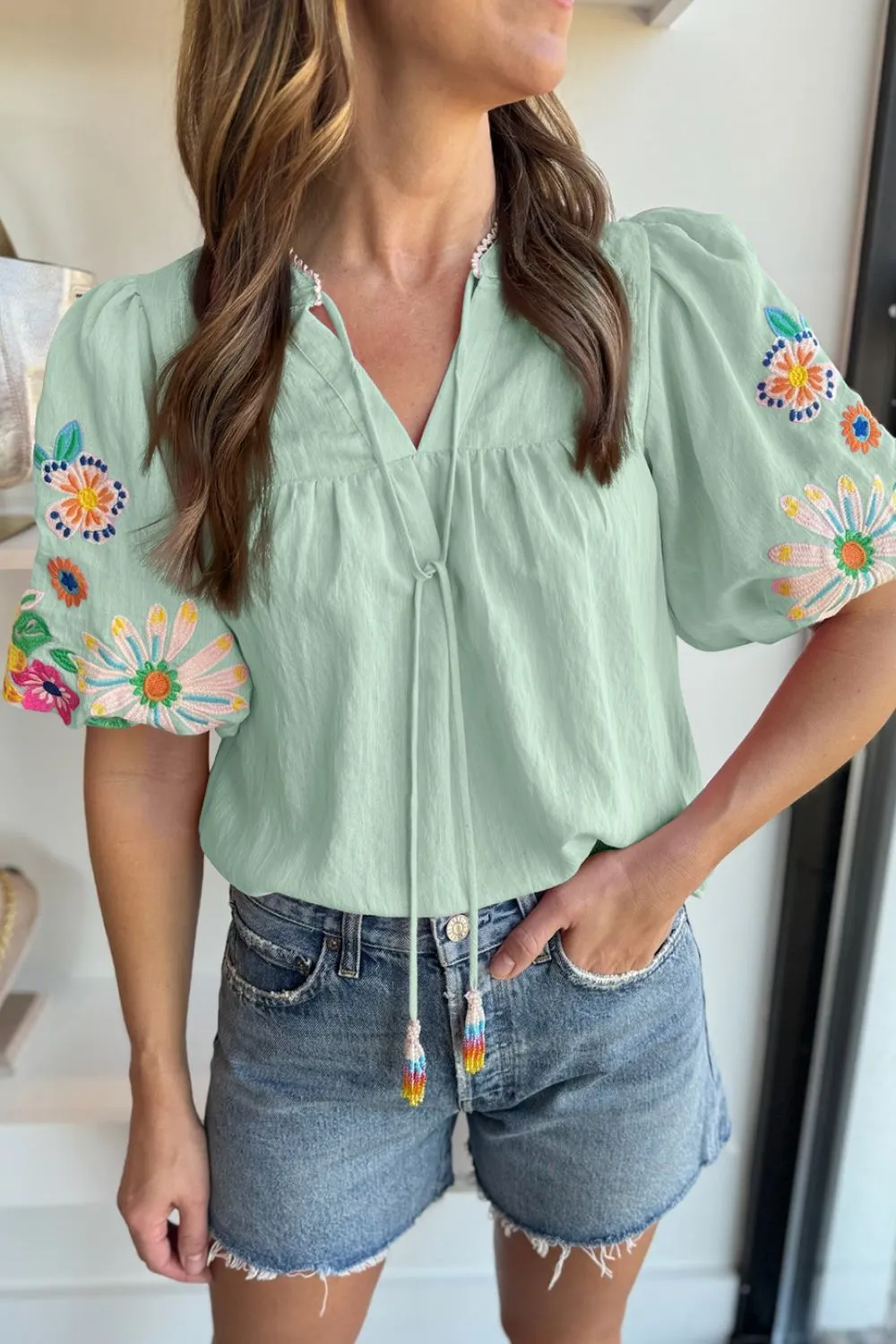 Embroidered Tie Neck Short Sleeve Blouse, image 2