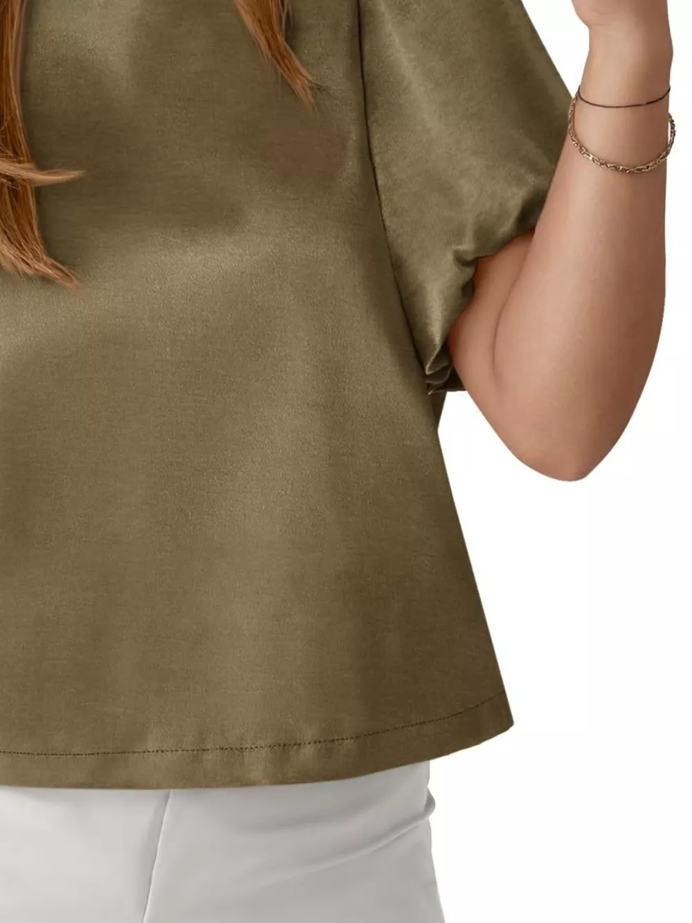 Round Neck Puff Sleeve Satin Top, image 15