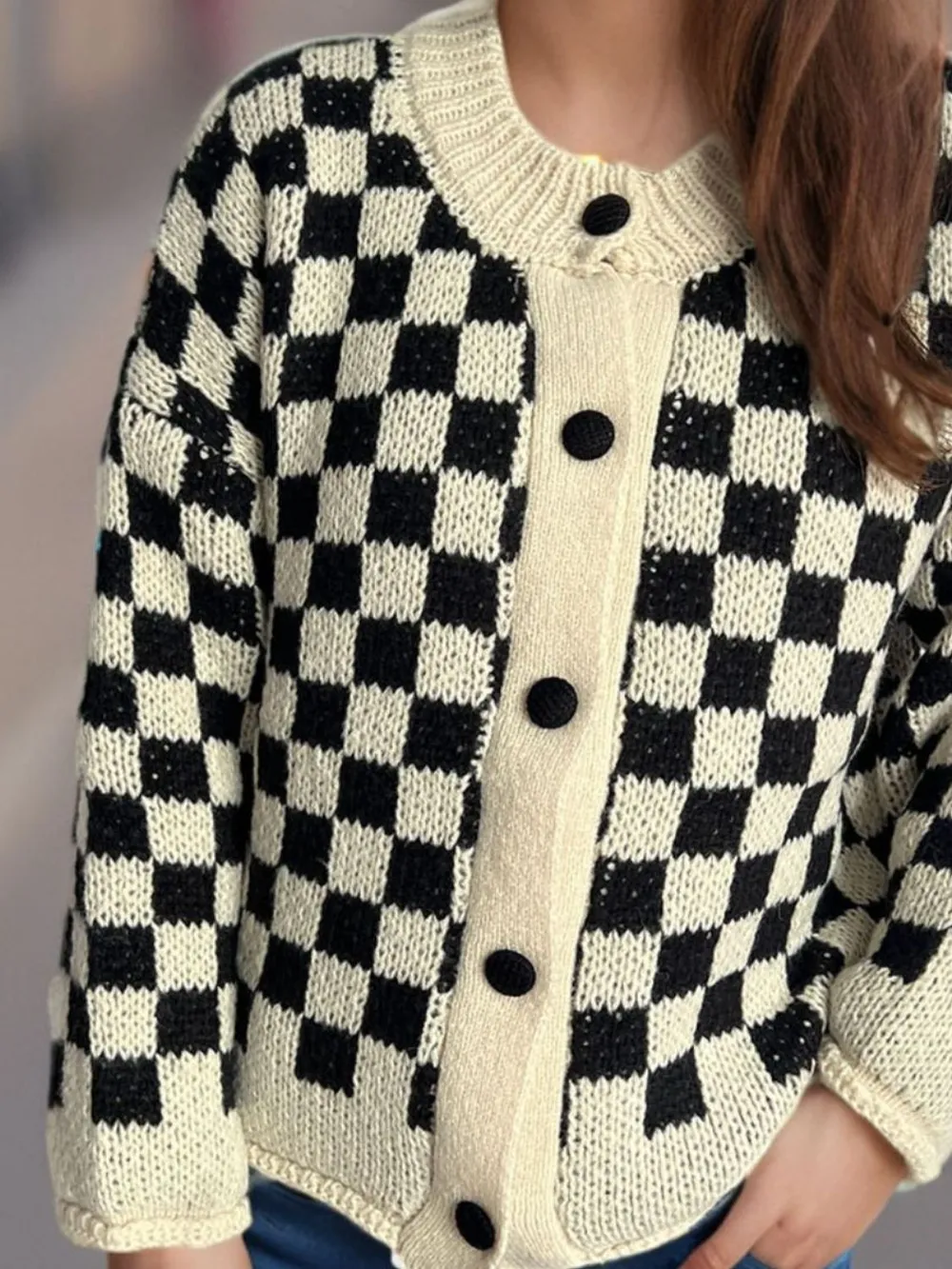 Checkered Button Up Round Neck Cardigan, image 5