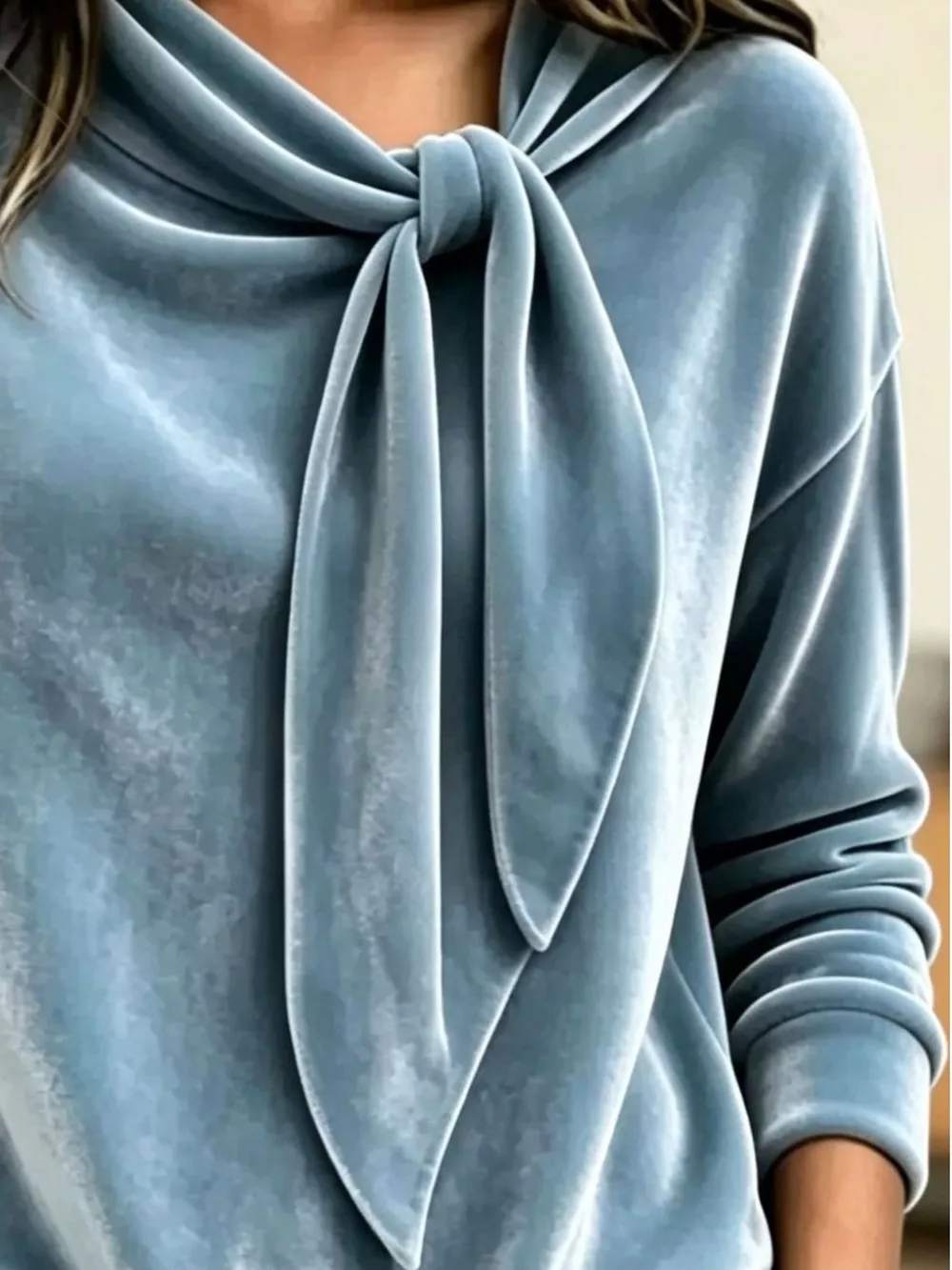 Velvet Tie-Neck Long Sleeve Sweatshirt, image 2