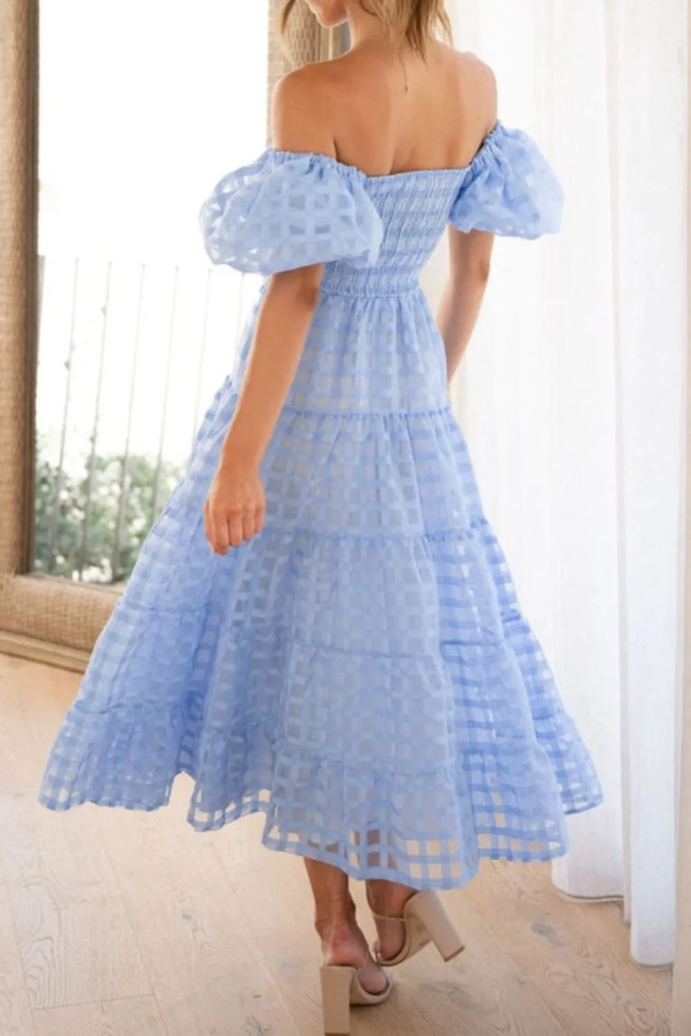 Off Shoulder Short Puff Sleeve Midi Dress, image 2