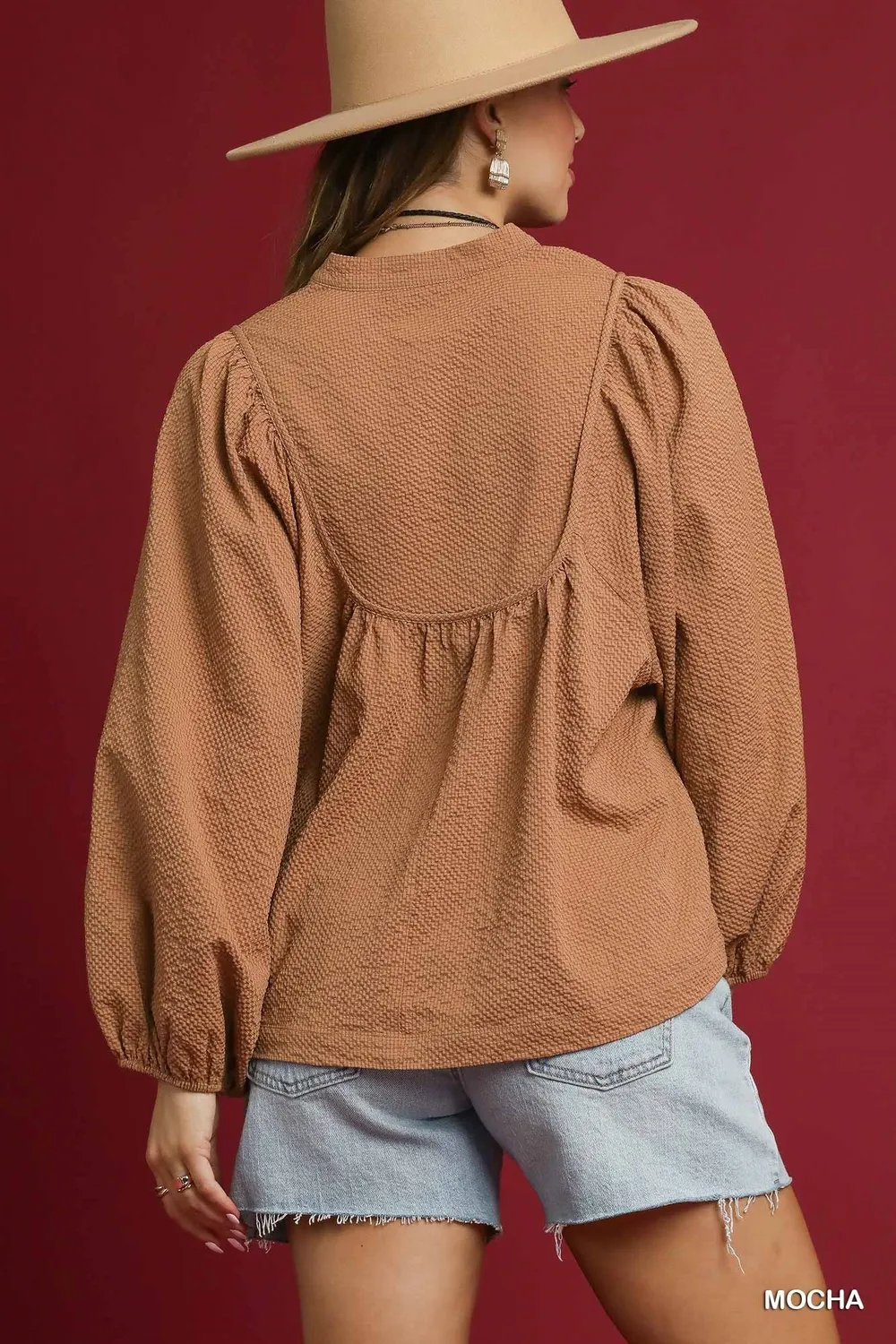 Textured Notched Blouse with Balloon Sleeves, image 2