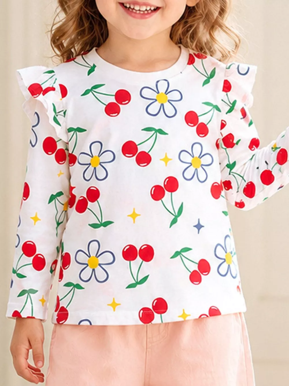 Children's Cherry & Flower Print Ruffled Long Sleeve T-Shirt