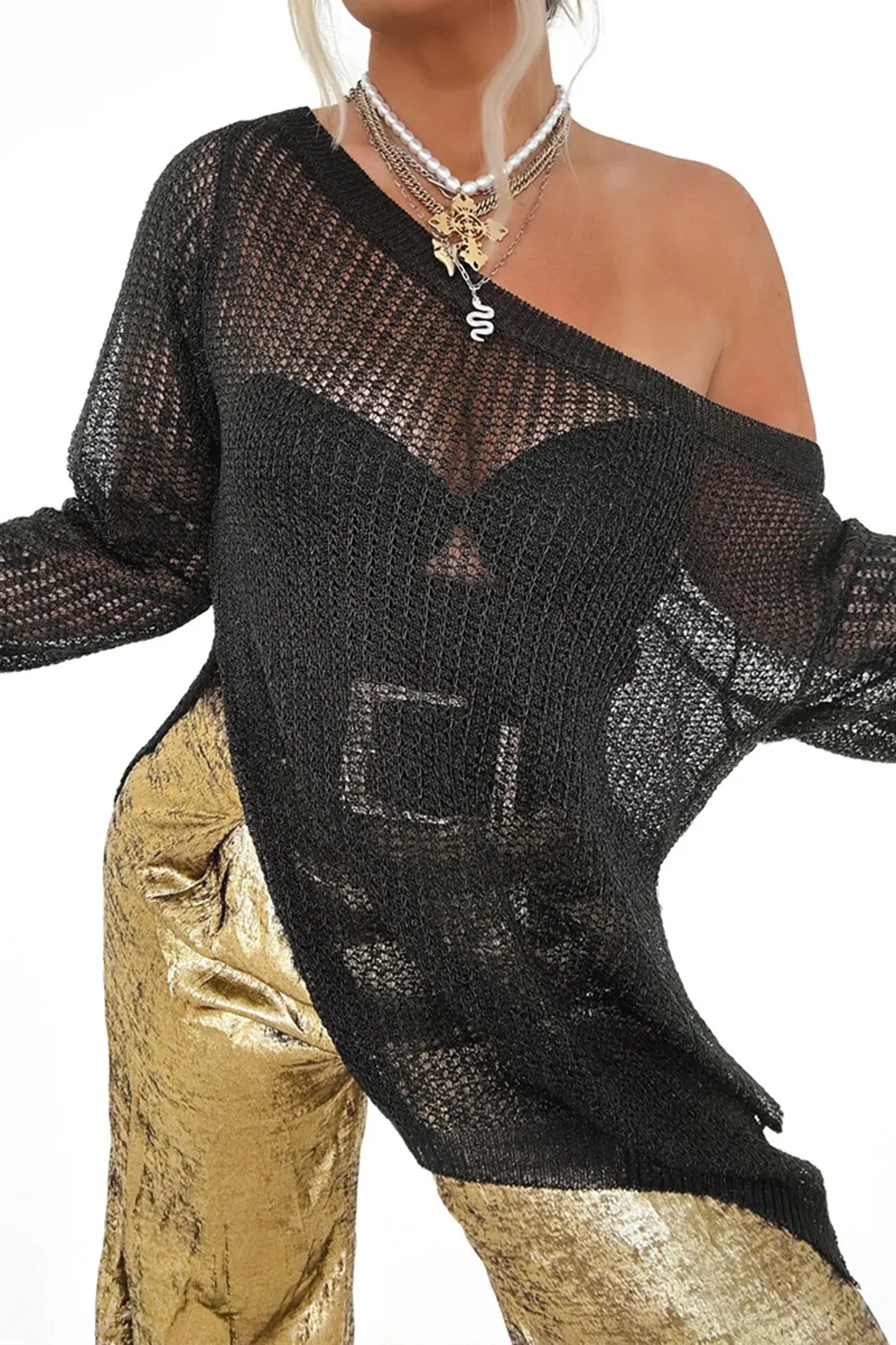 Side Slit Long Sleeve Knit Cover Up, image 7