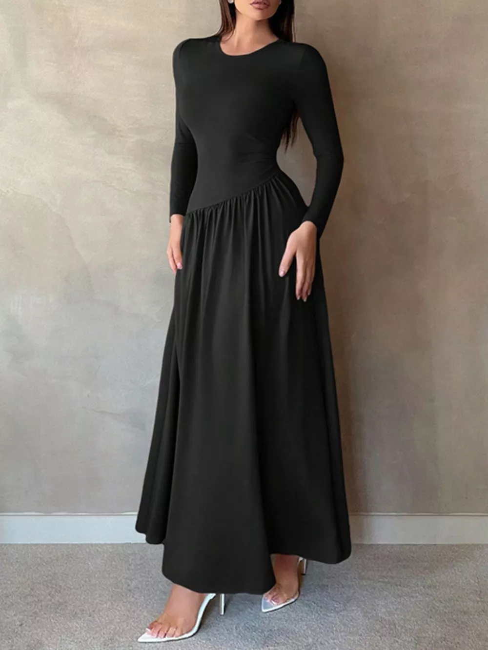 Long Sleeve Ruched A-Line Maxi Dress, image 13