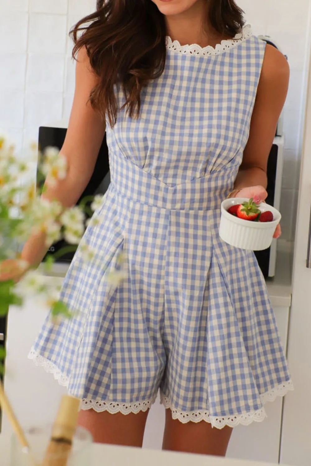 Lace Detail Plaid Sleeveless Romper, image 2
