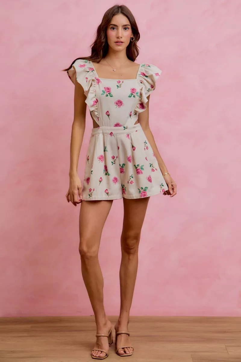 Floral Print Denim Cut Out Waist Ruffled Romper, image 11