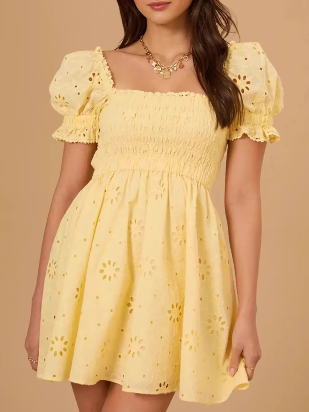 Eyelet Puff Sleeve Smocked Mini Dress, image 2