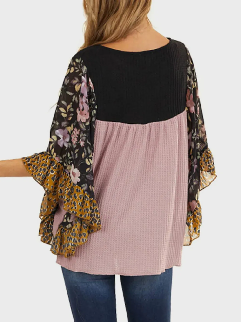 Full Size Printed Round Neck Three-Quarter Sleeve Blouse, image 2