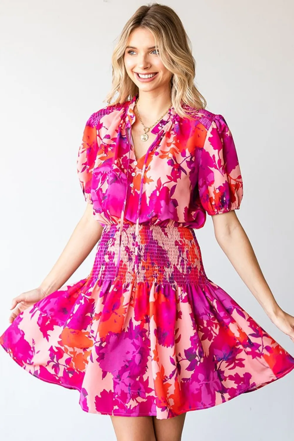 Floral Short Sleeve Smocked Mini Dress, image 2