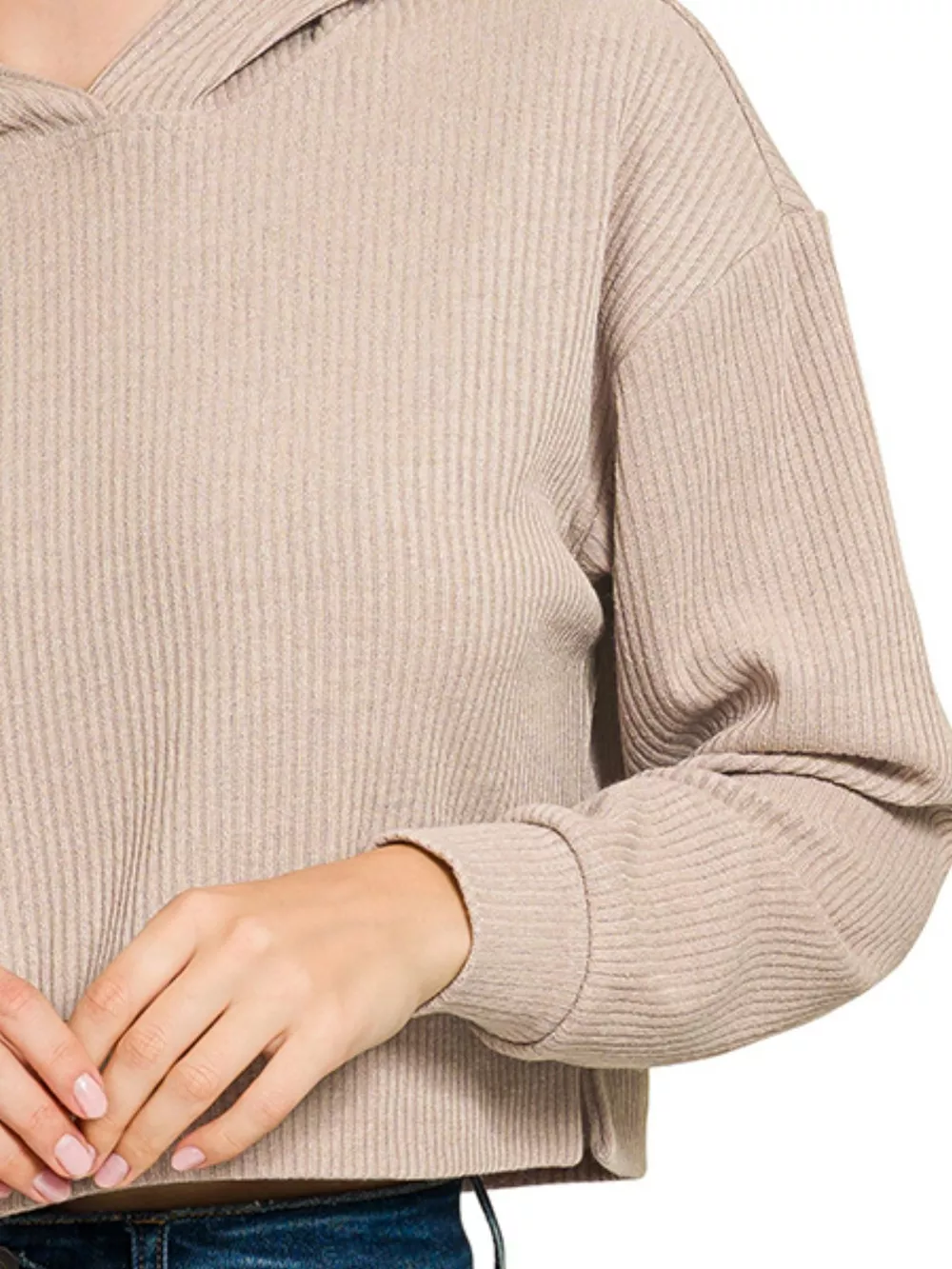 Drop Shoulder Ribbed Crop Hoodie, image 3