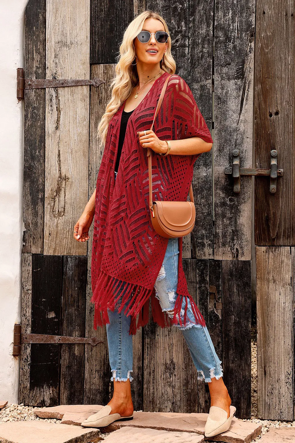 Openwork Open Front Cardigan with Fringes, image 2