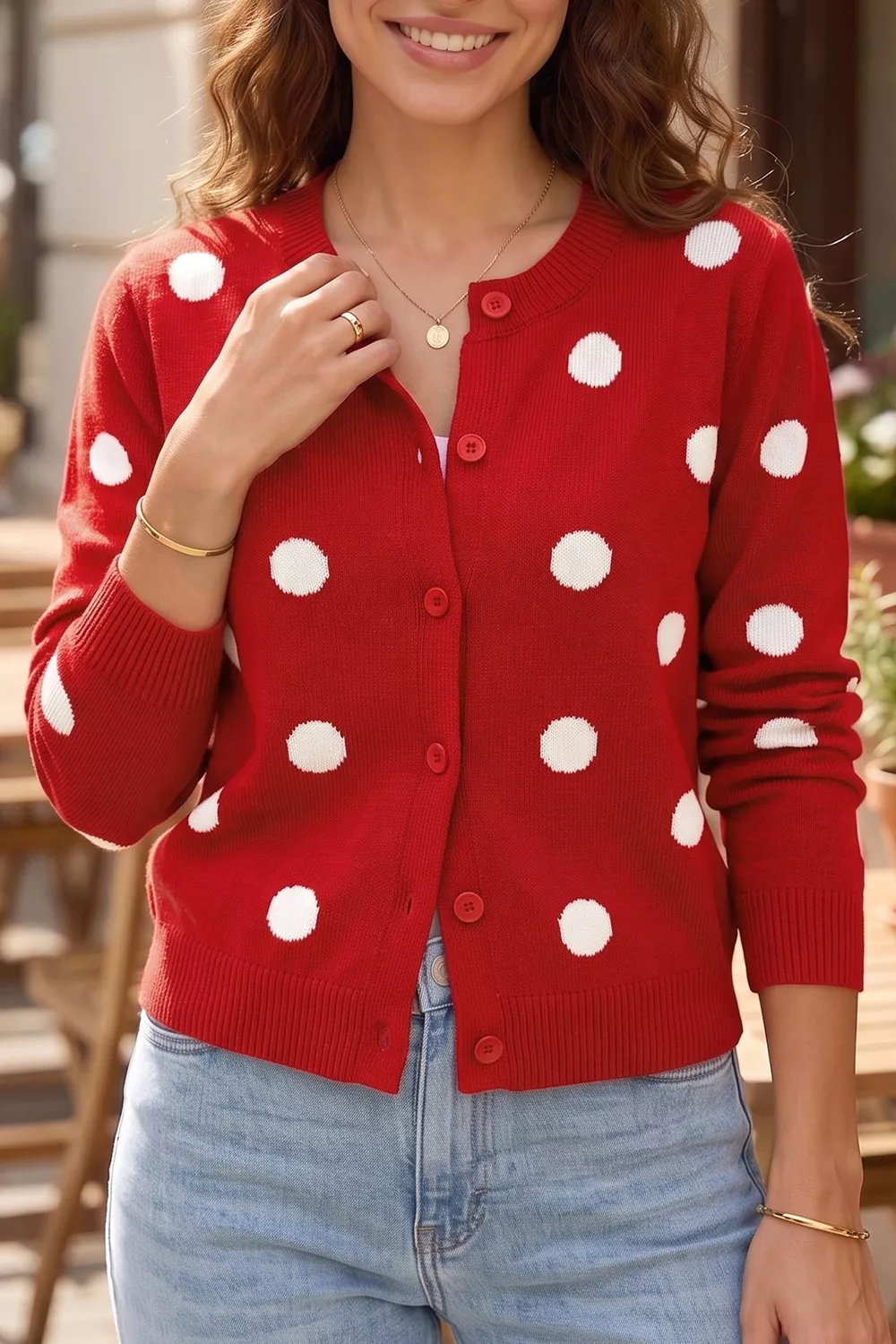 Casual Polka Dot Button Front Long Sleeve Sweater Cardigan