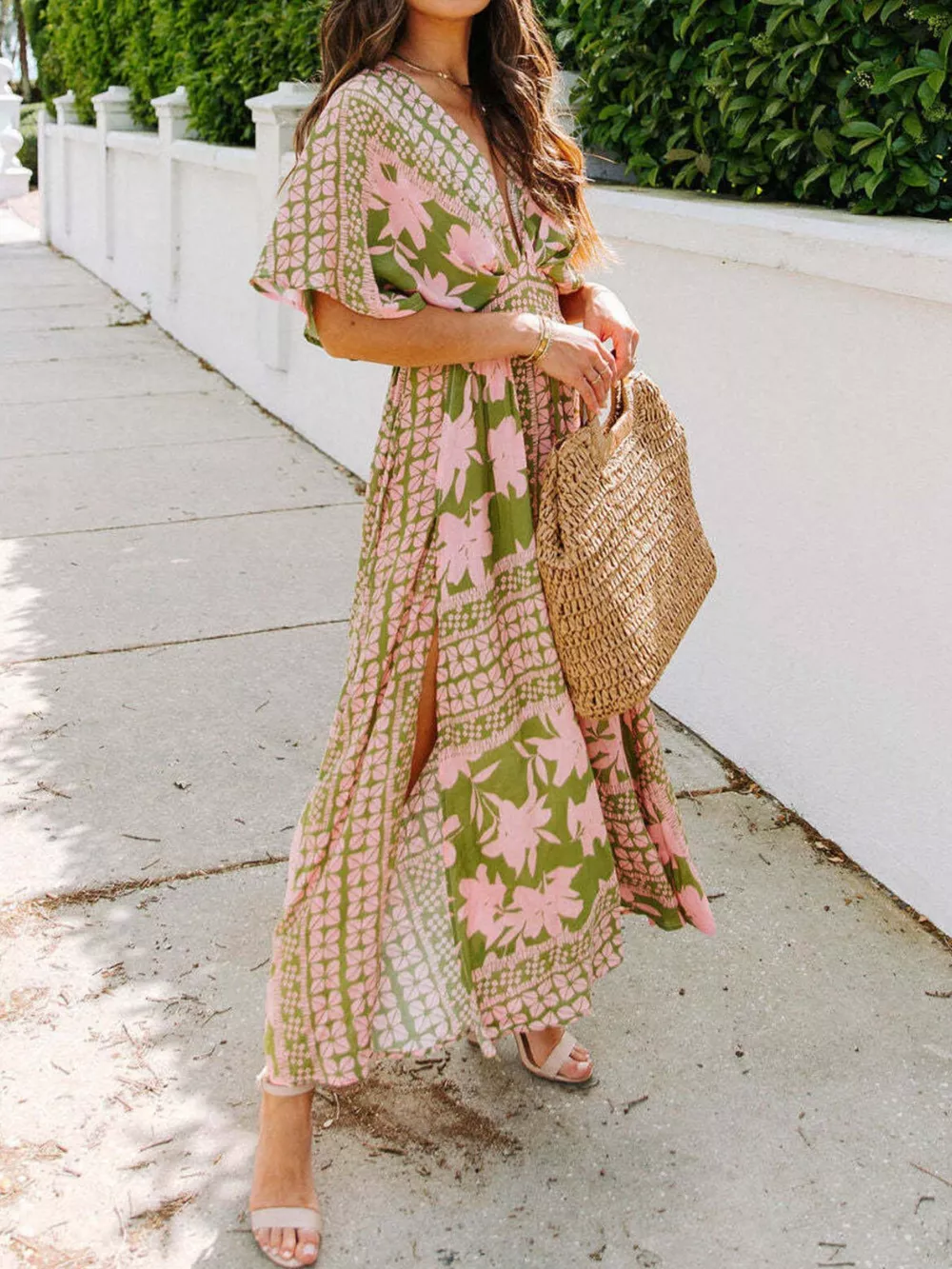 Floral Print V-Neck High Slit Maxi Dress, image 4