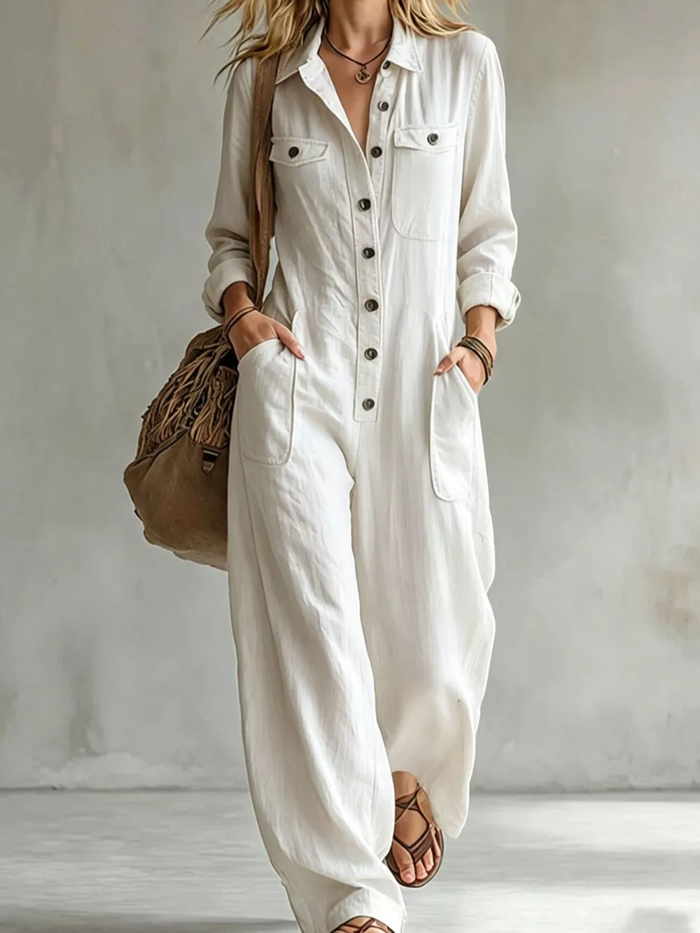Full Size Long Sleeve Button Front Jumpsuit Plus Size, image 7