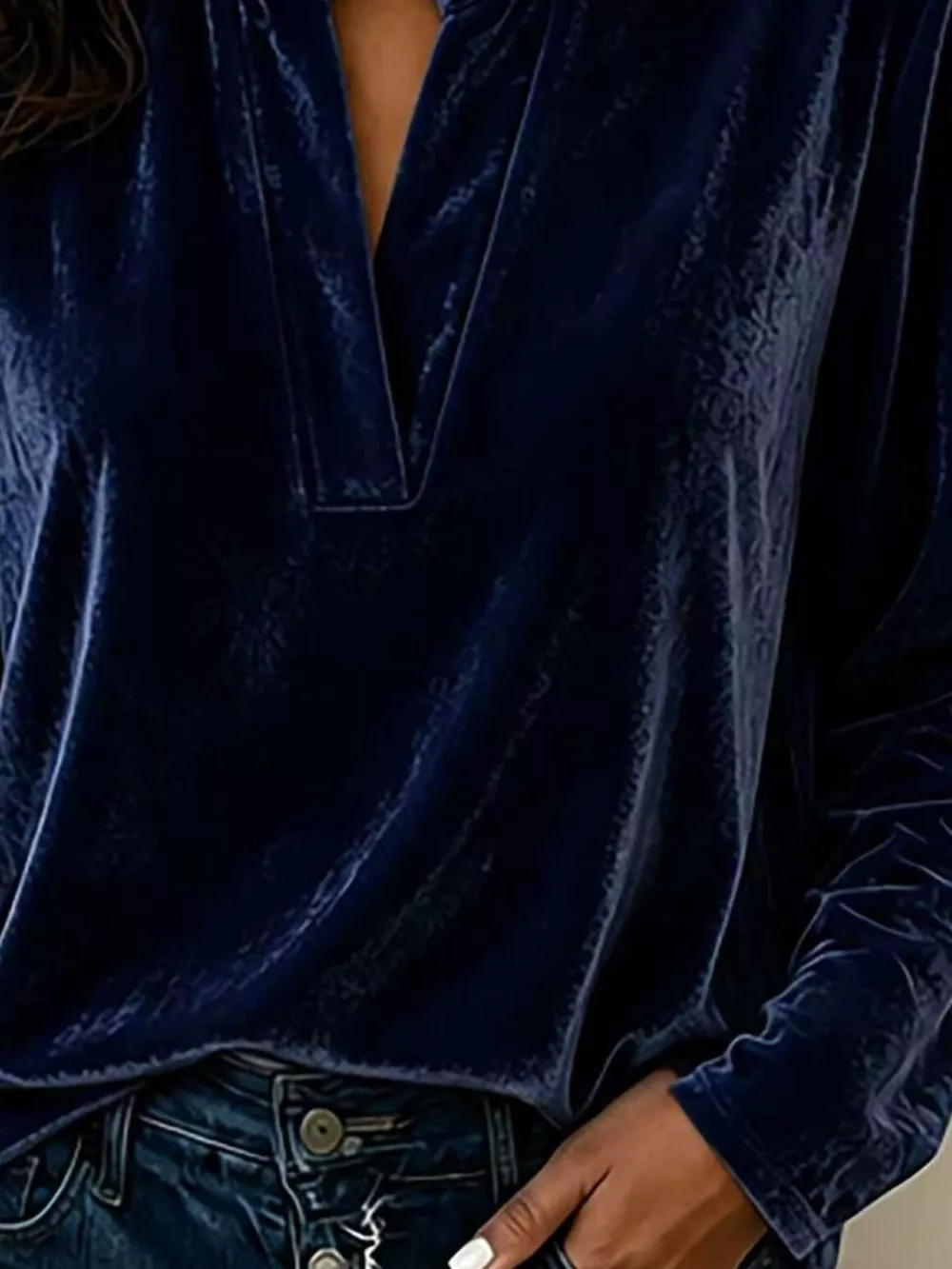 Full Size Velvet Notched Long Sleeve Blouse Plus Size, image 18