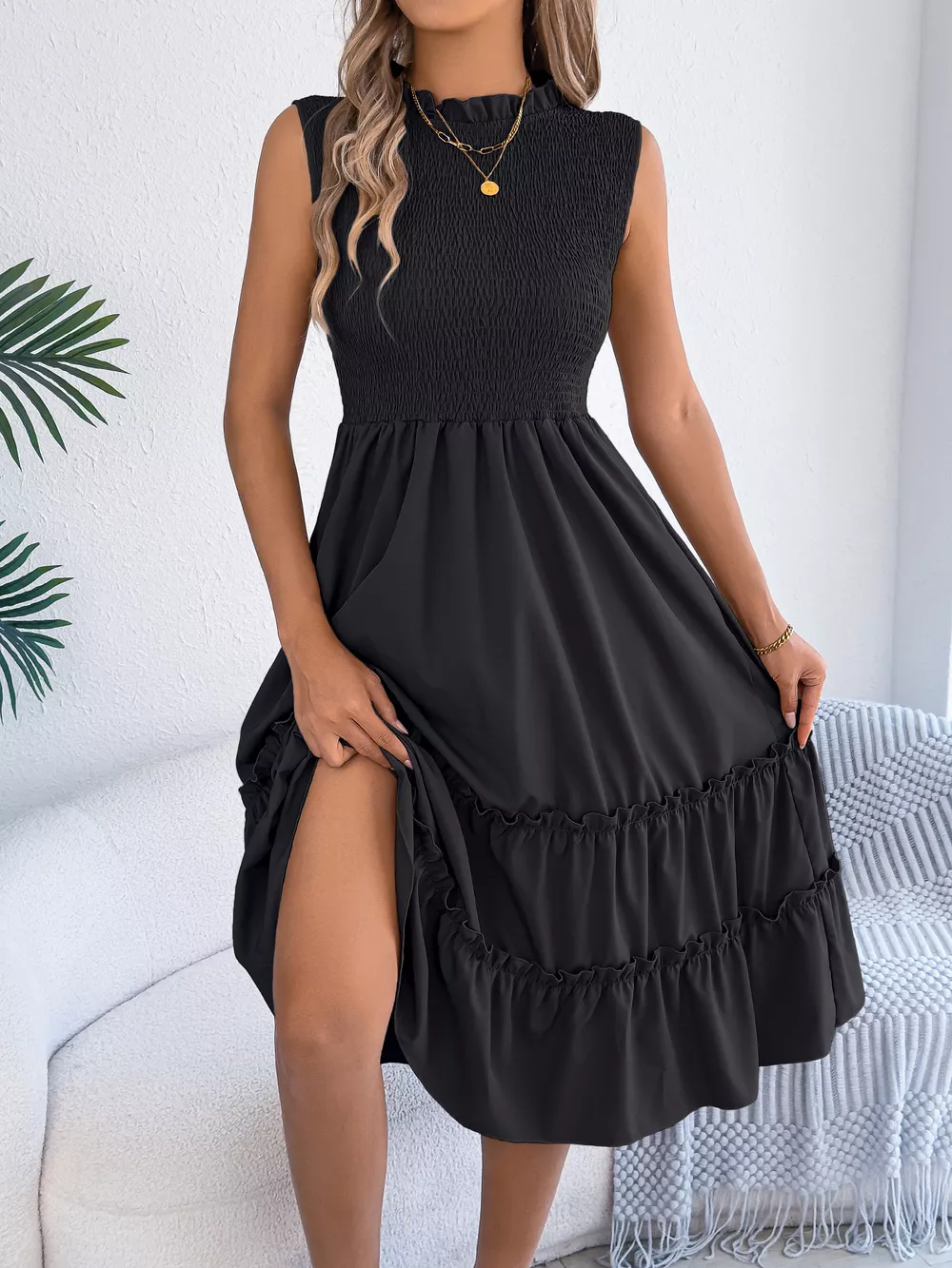 Smocked Sleeveless Tiered Dress, image 2
