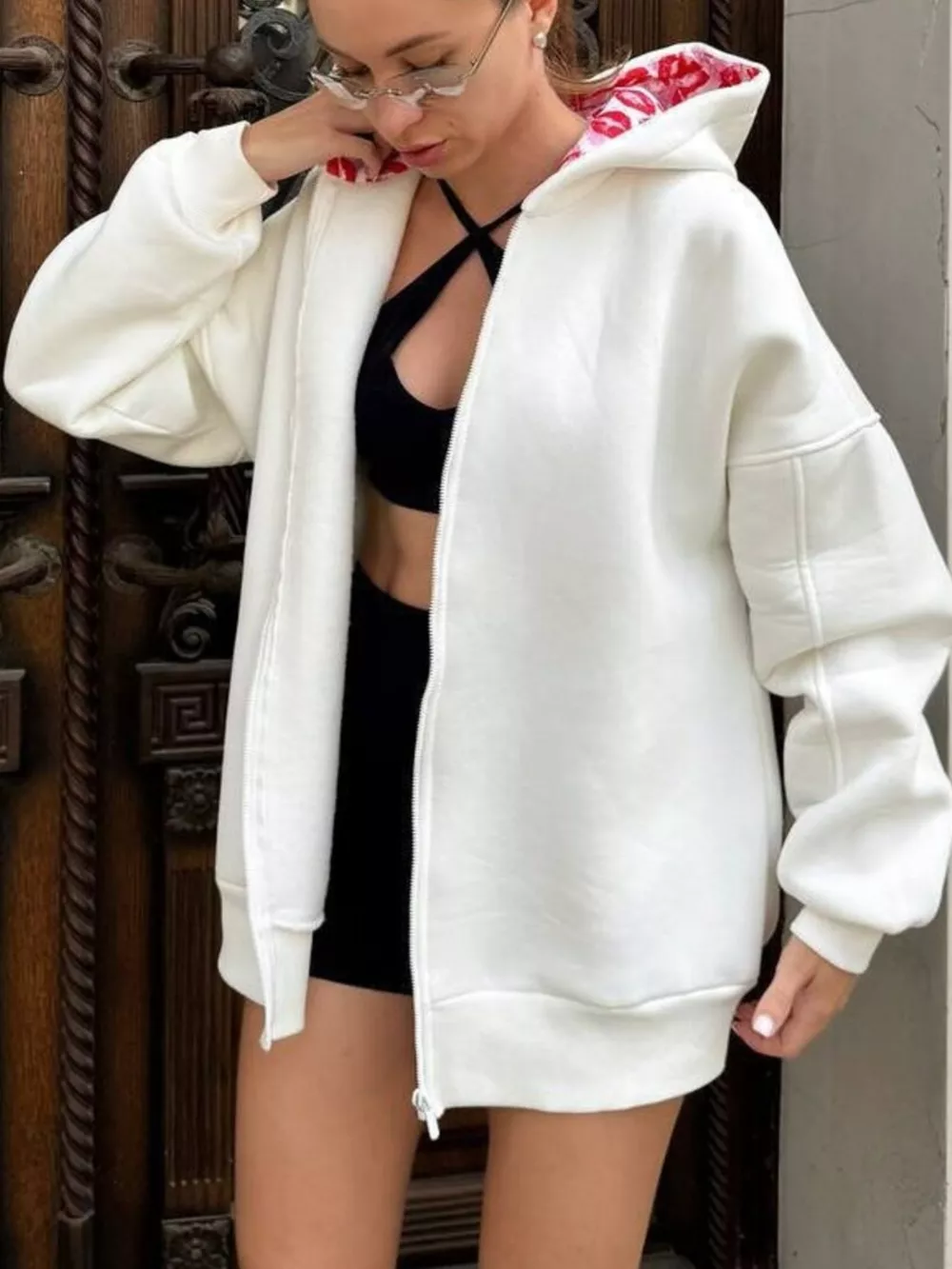 Zip Up Oversized Hoodie with Red Lips Print Detail, image 2