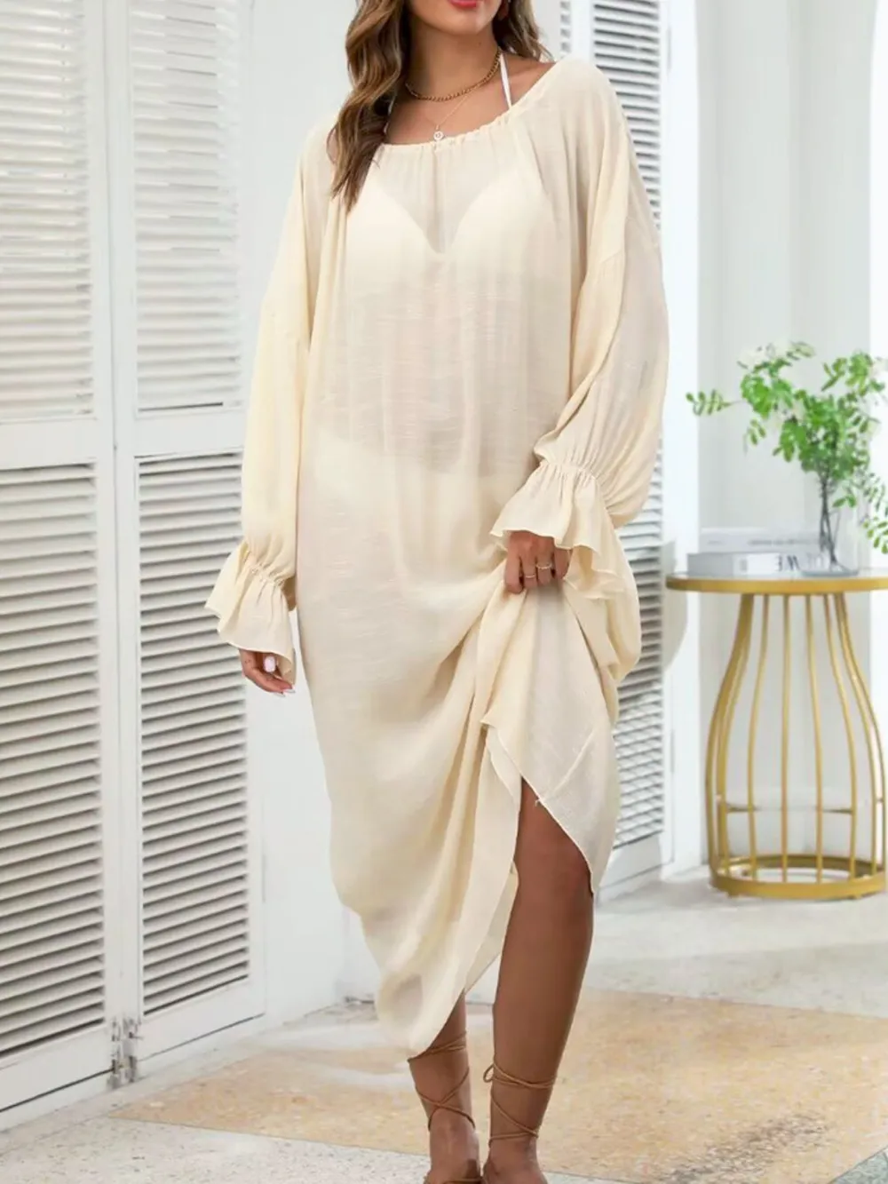Backless Drawstring Back Flounce Sleeve Cover-Up, image 2