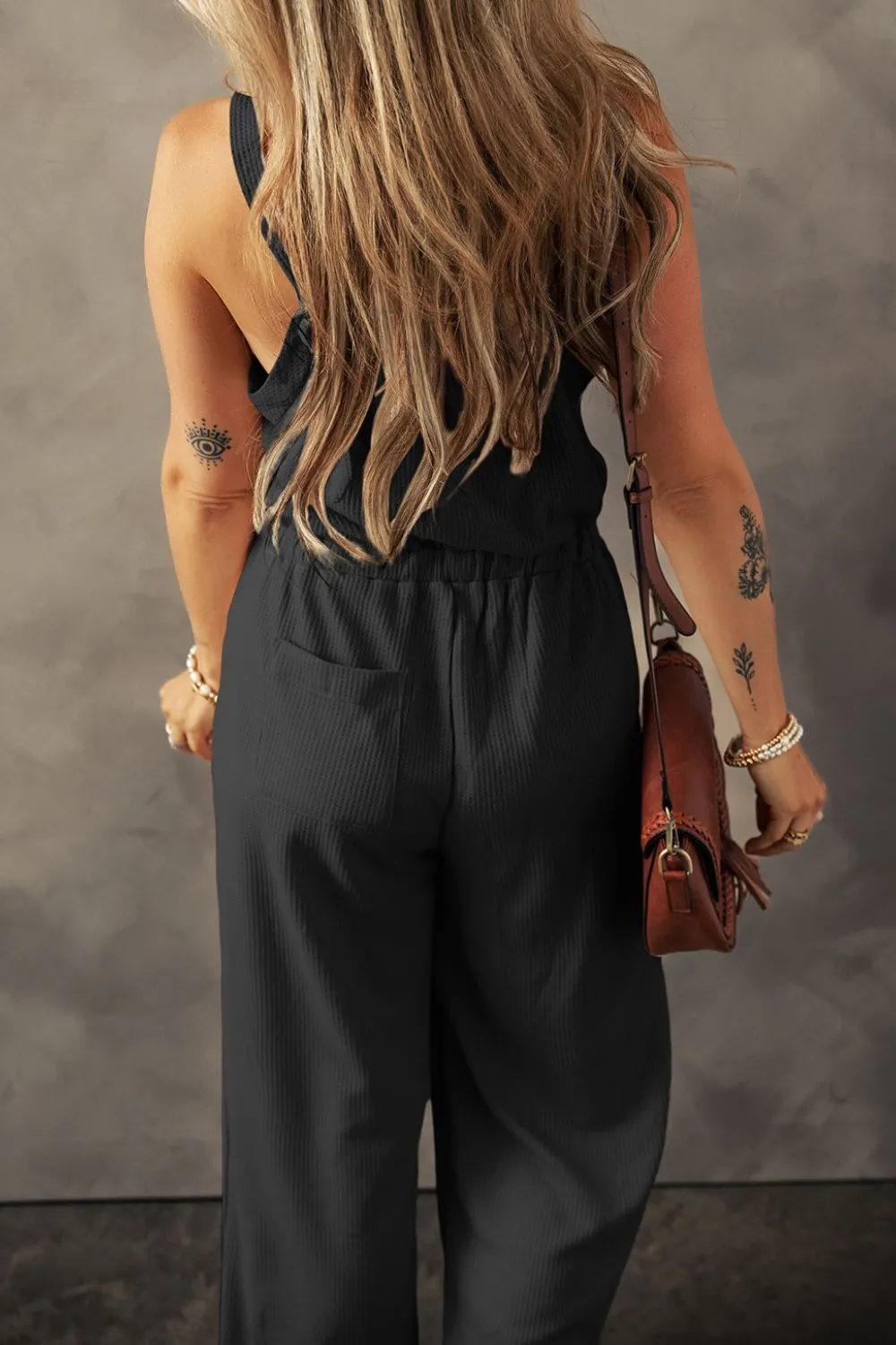 Knotted Straps Button Textured Drawstring Jumpsuit, image 2