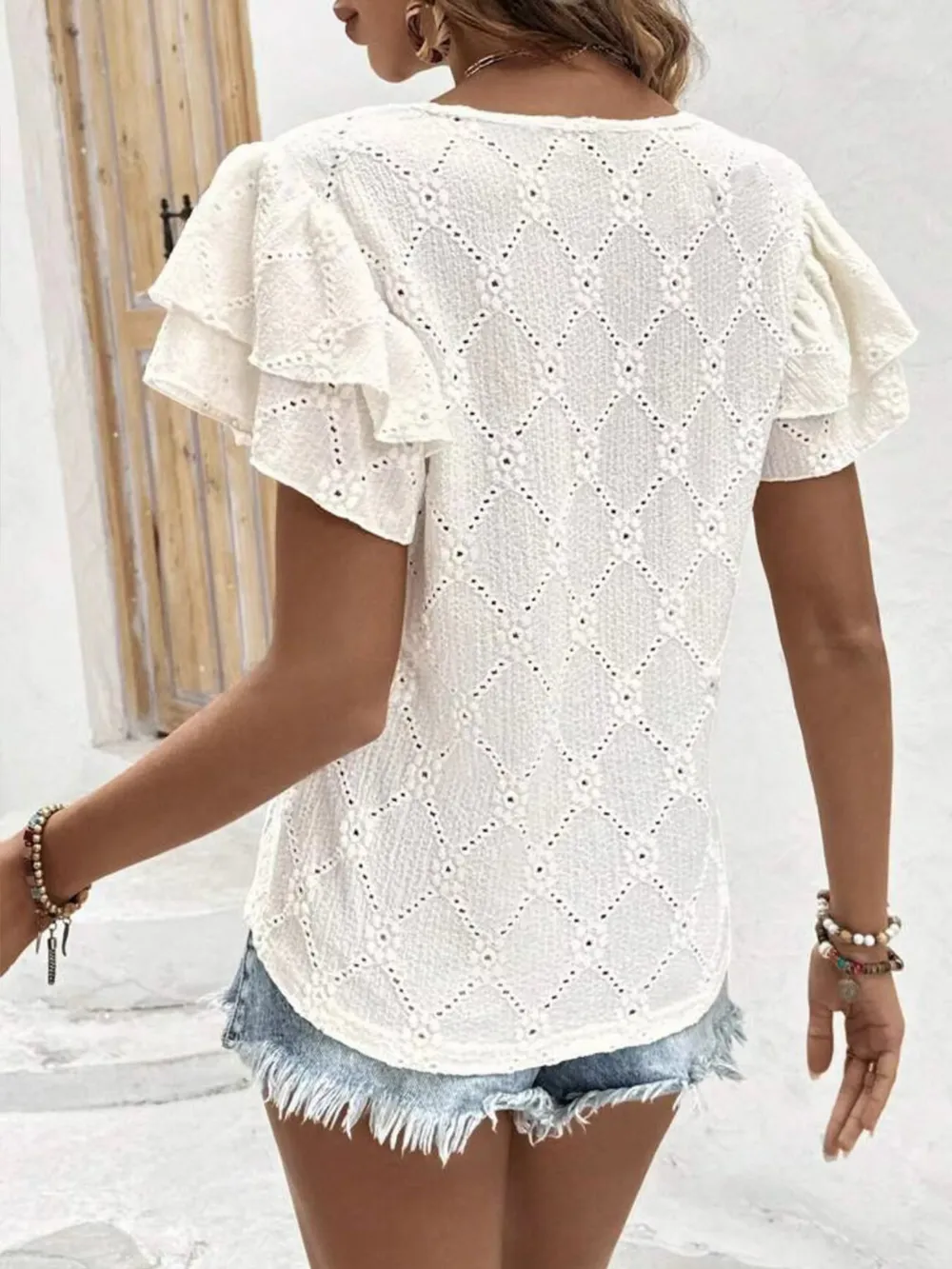 Eyelet V-Neck Short Sleeve Blouse, image 2