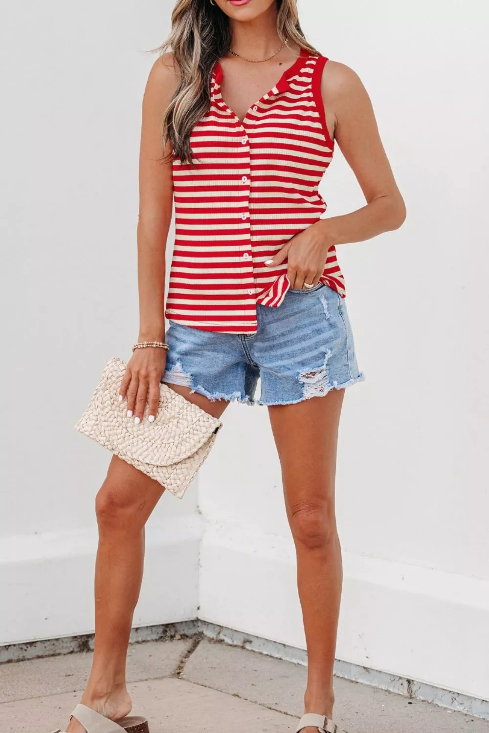 Stripe Buttoned Ribbed Knit Tank Top, image 5