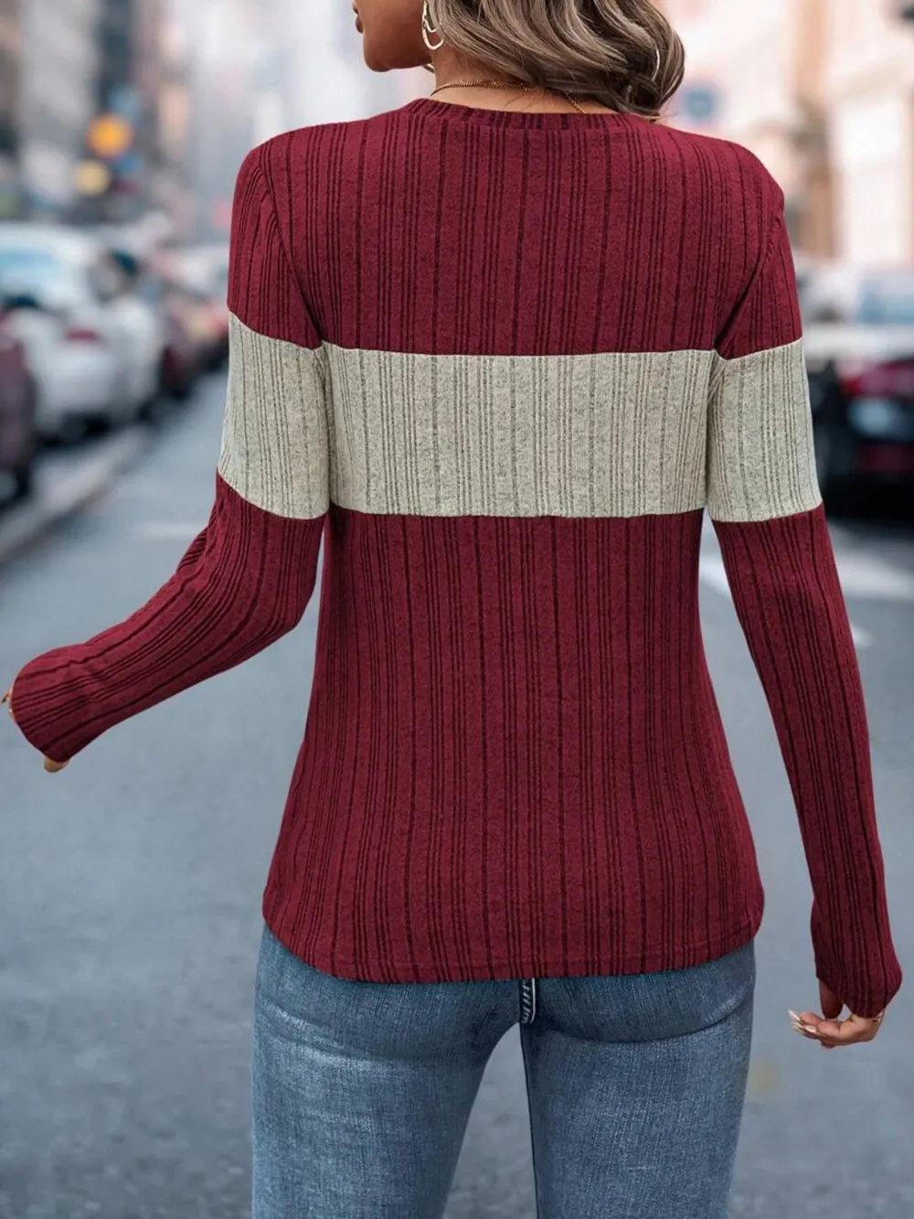 Color Block Round Neck Long Sleeve Top, image 9