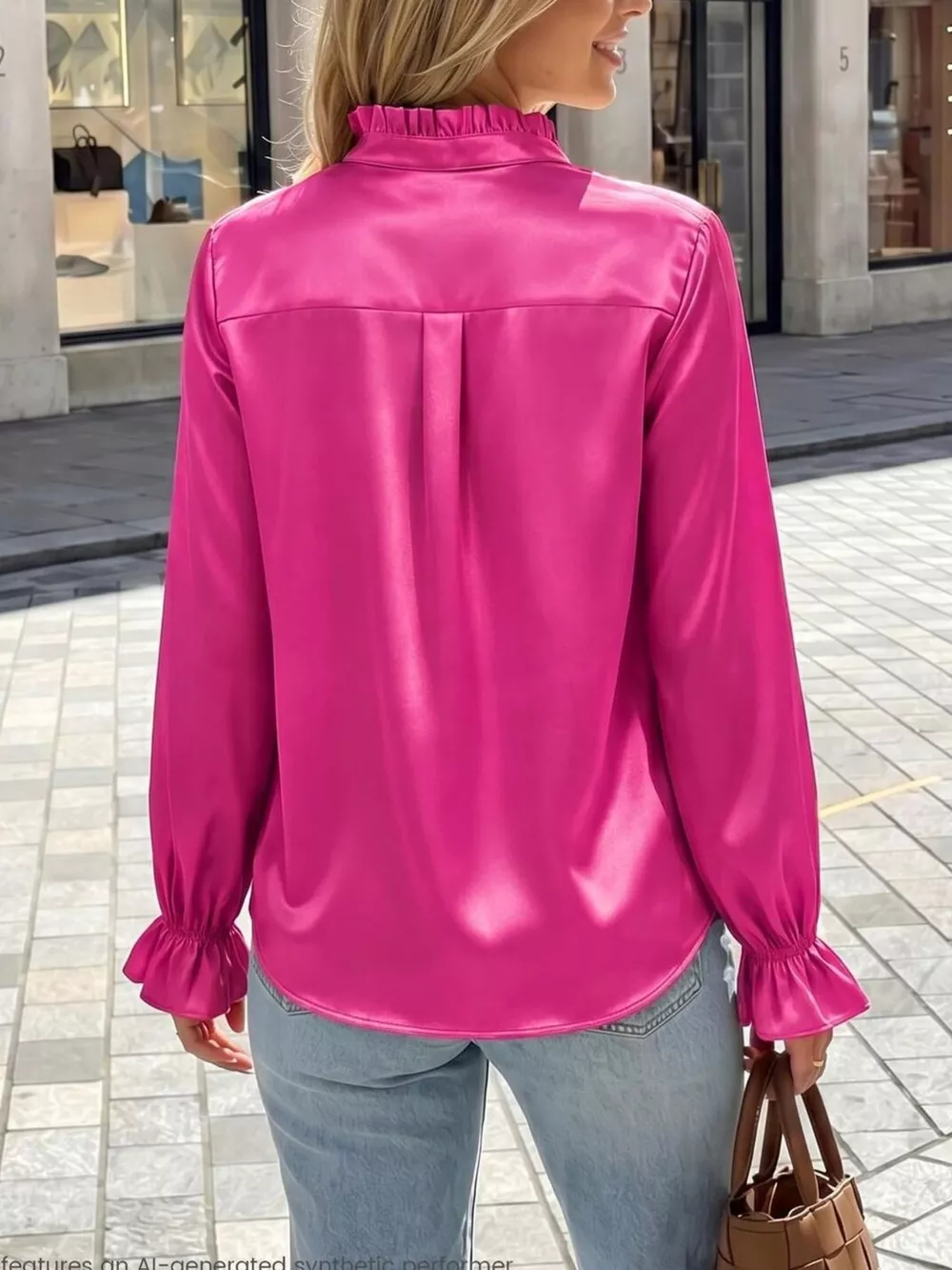 Elegant Button Down Ruffle Trim Satin Shirt, image 10