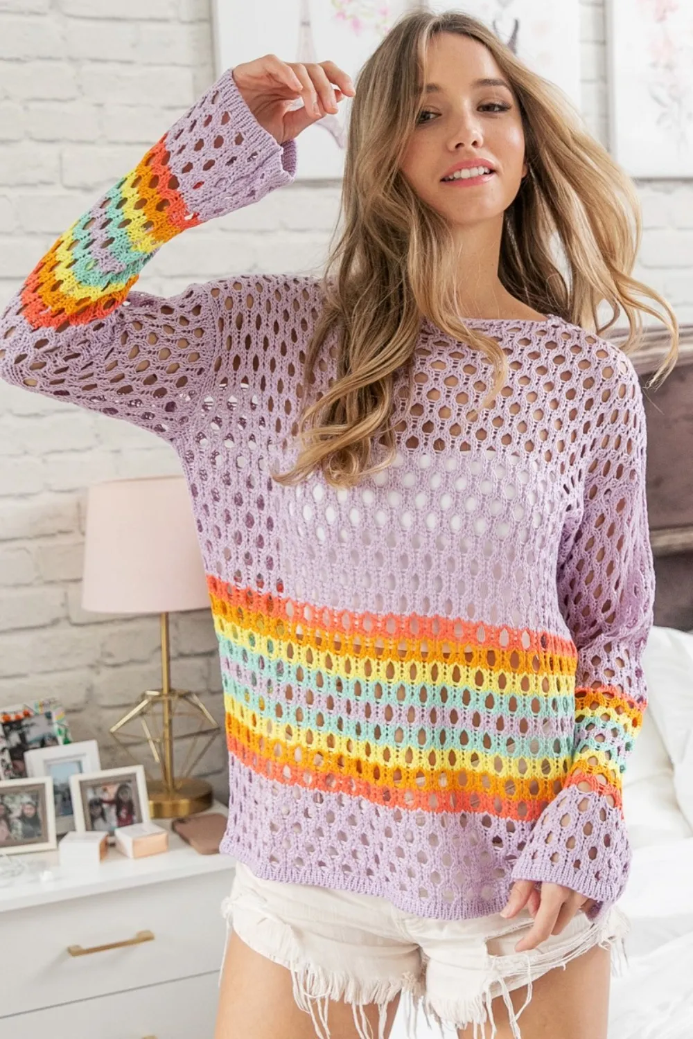 Rainbow Stripe Hollow Out Cover Up, image 4