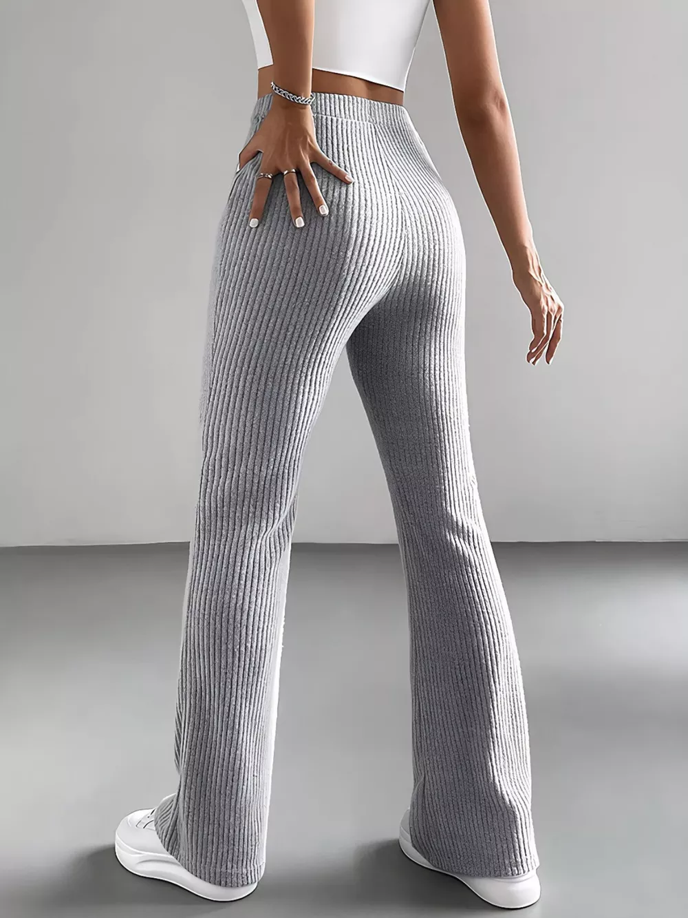 Ribbed Knit High Waist Flare Pants, image 2