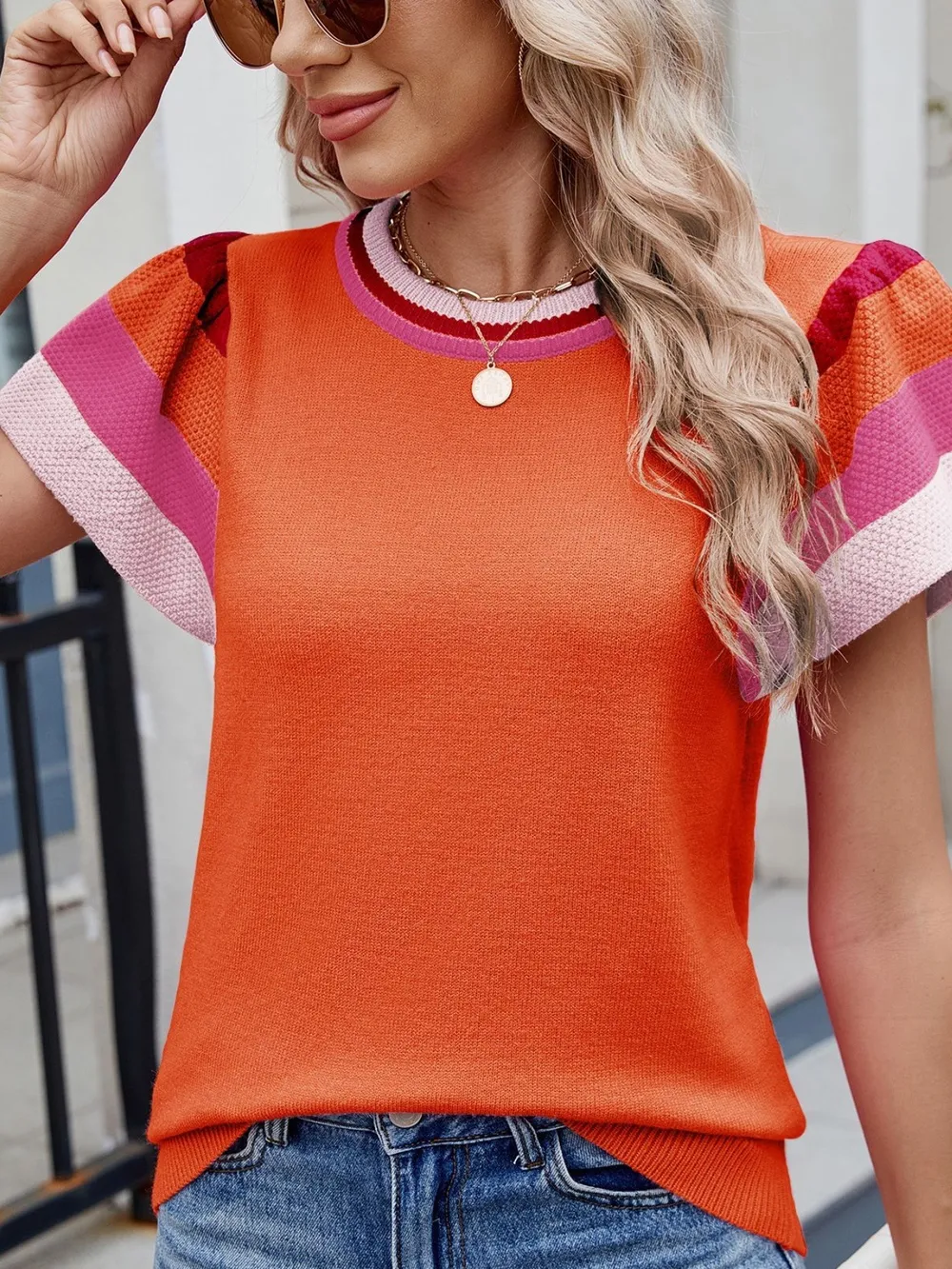Colorblock Striped Short Sleeve Sweater, image 2