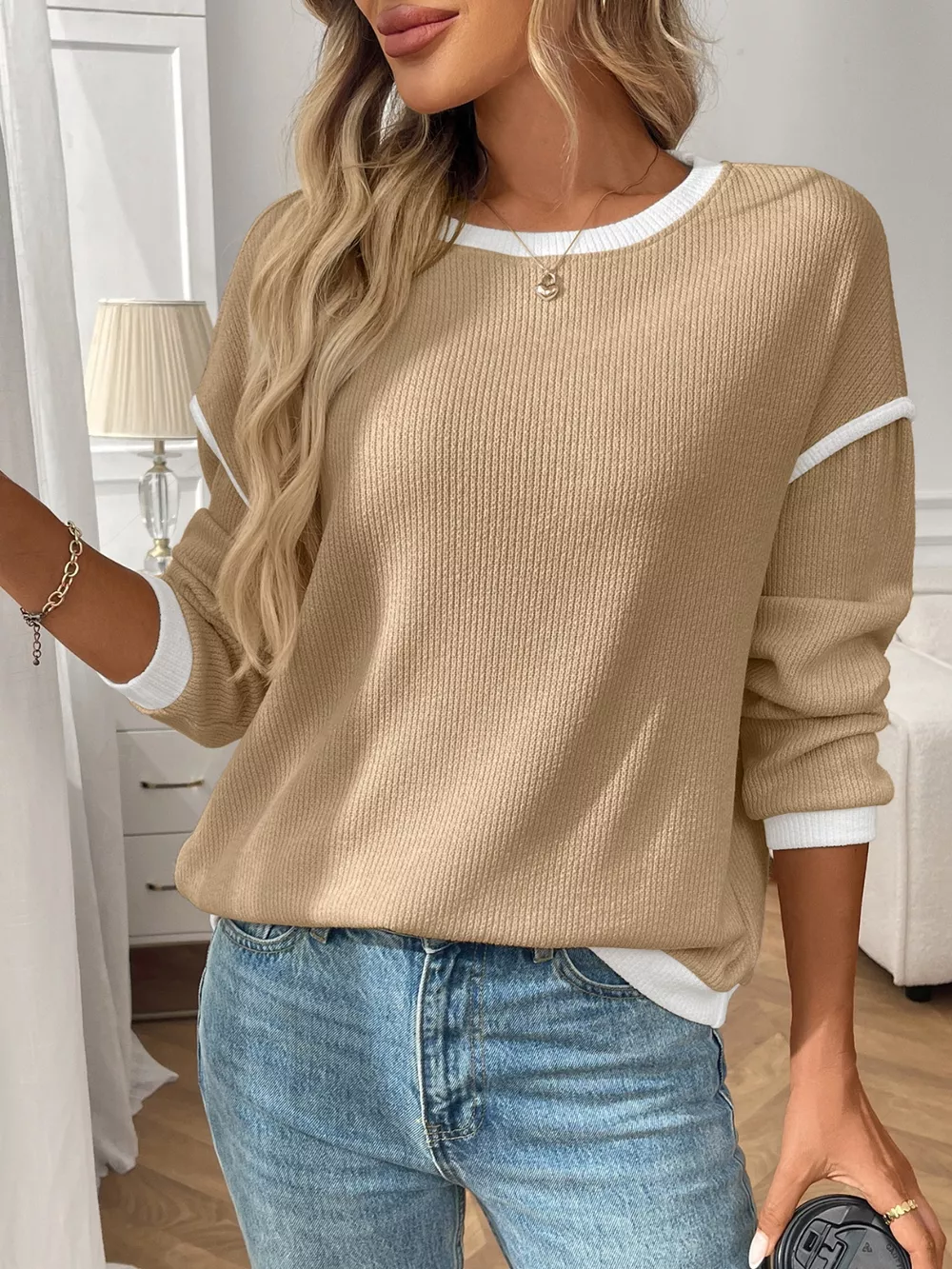 Ribbed Knit Contrast Trim Sweater, image 2