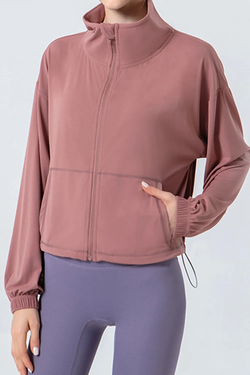 Drawstring Zip Up Dropped Shoulder Active Outerwear, image 2