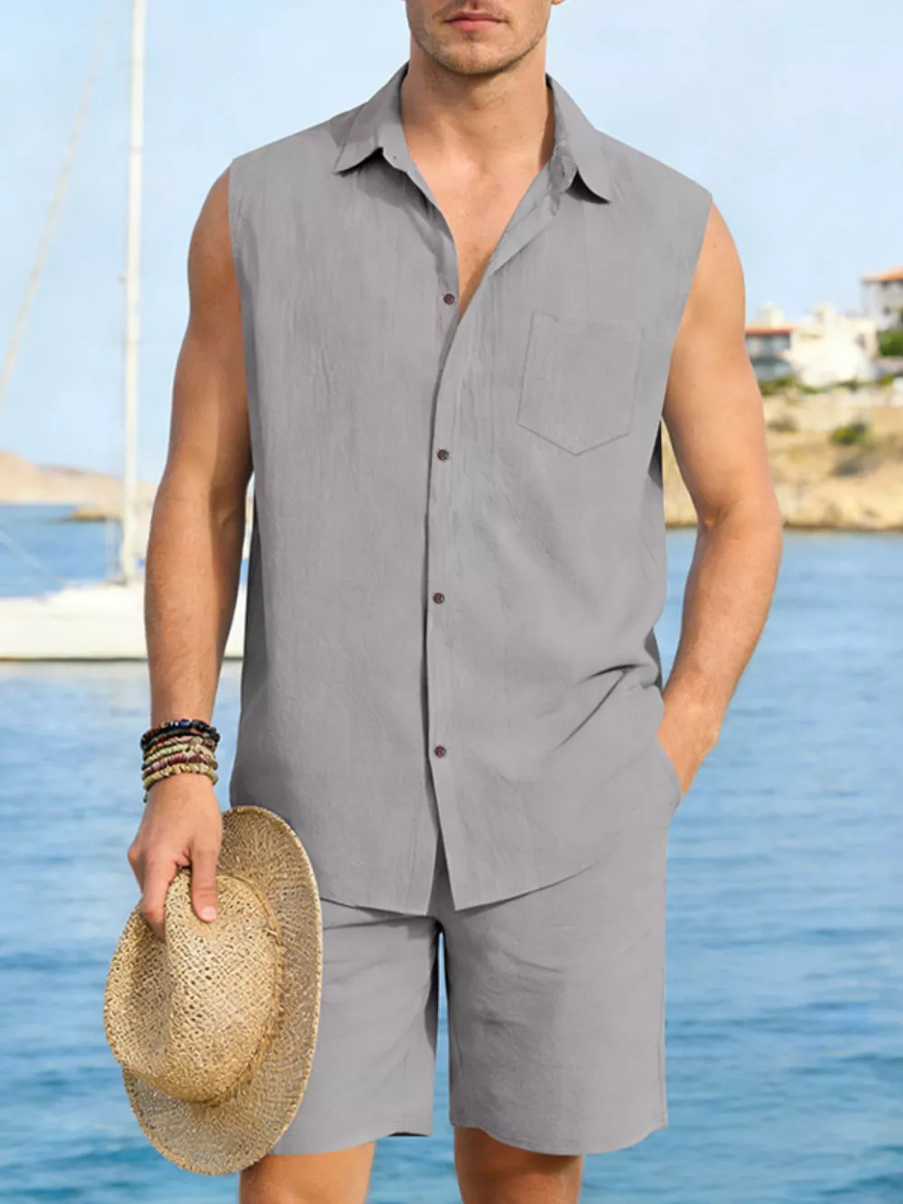 Men's Full Size Button Up Sleeveless Top and Shorts Plus Size, image 17