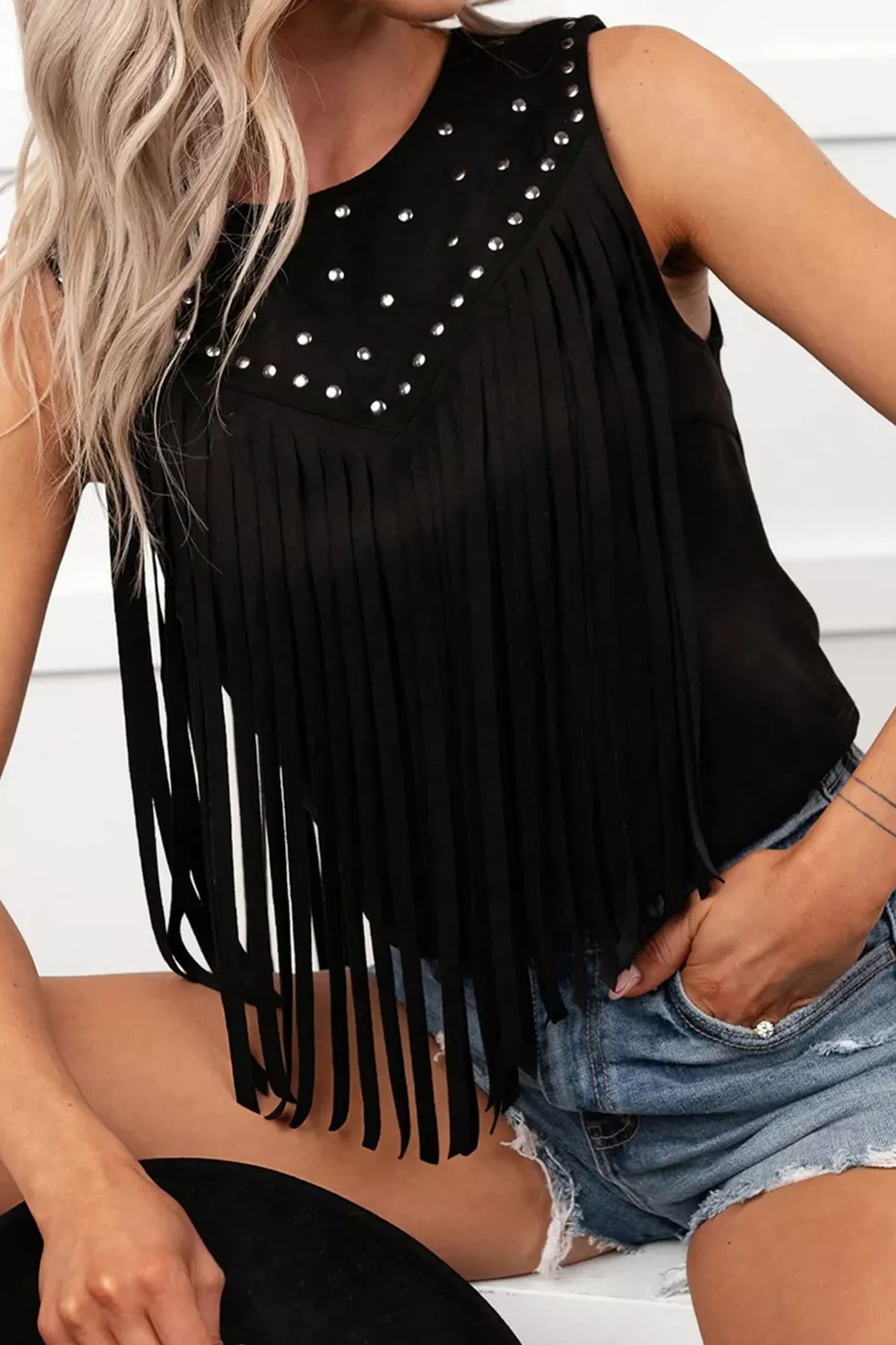 Western Fringe Rivet Paneling Bust Sleeveless Top, image 10