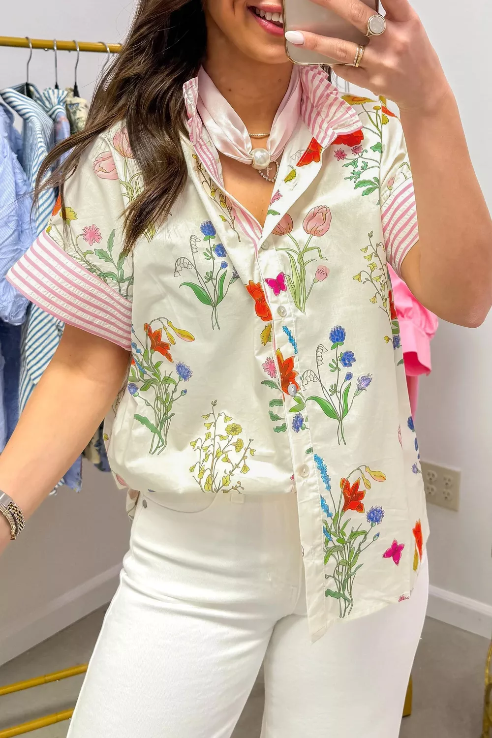 Floral Striped Patchwork Ruffled Collar Short Sleeve Shirt, image 2
