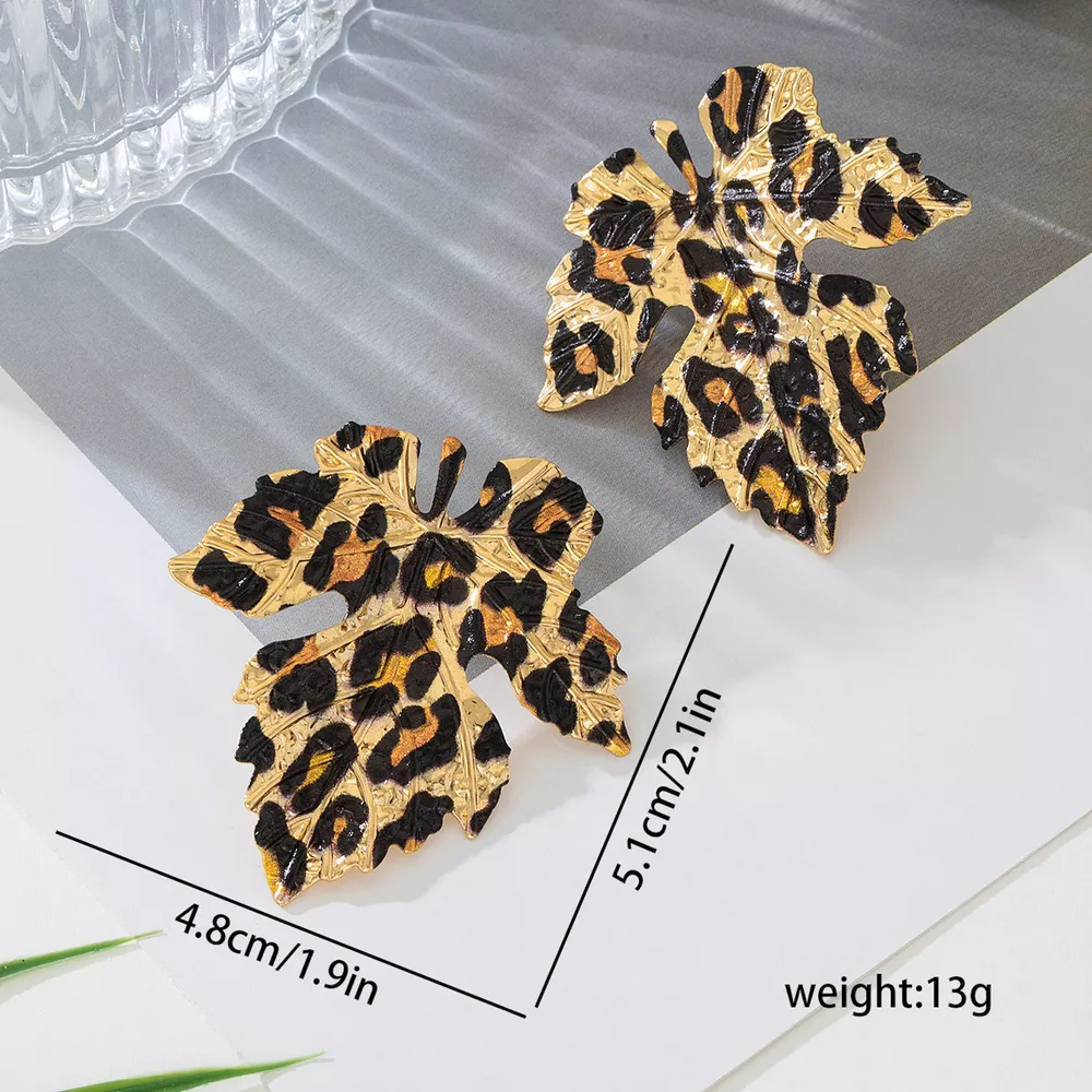 Alloy Leopard Print Leaf Earrings, image 2