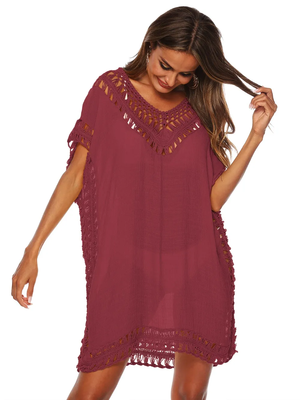 Bohemian Crochet Trim Beach Cover Up Dress, image 17