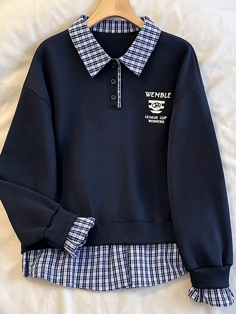 Plaid Collared Faux-Layered Hem Sweatshirt, image 7