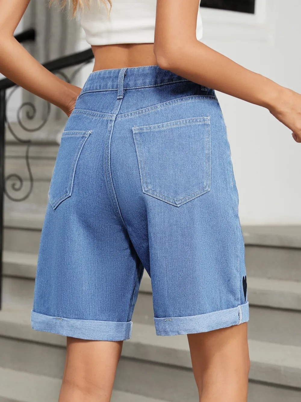 Heart-Pattern Rolled Hem Denim Shorts, image 2