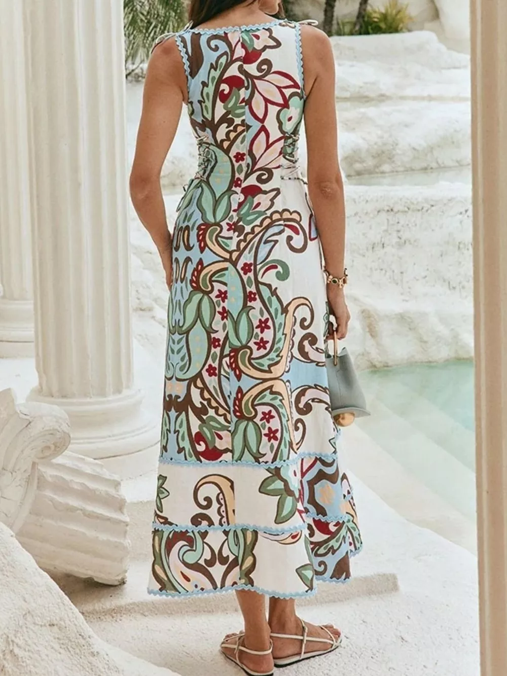 Printed Tie Shoulder Sleeveless Midi Dress, image 4