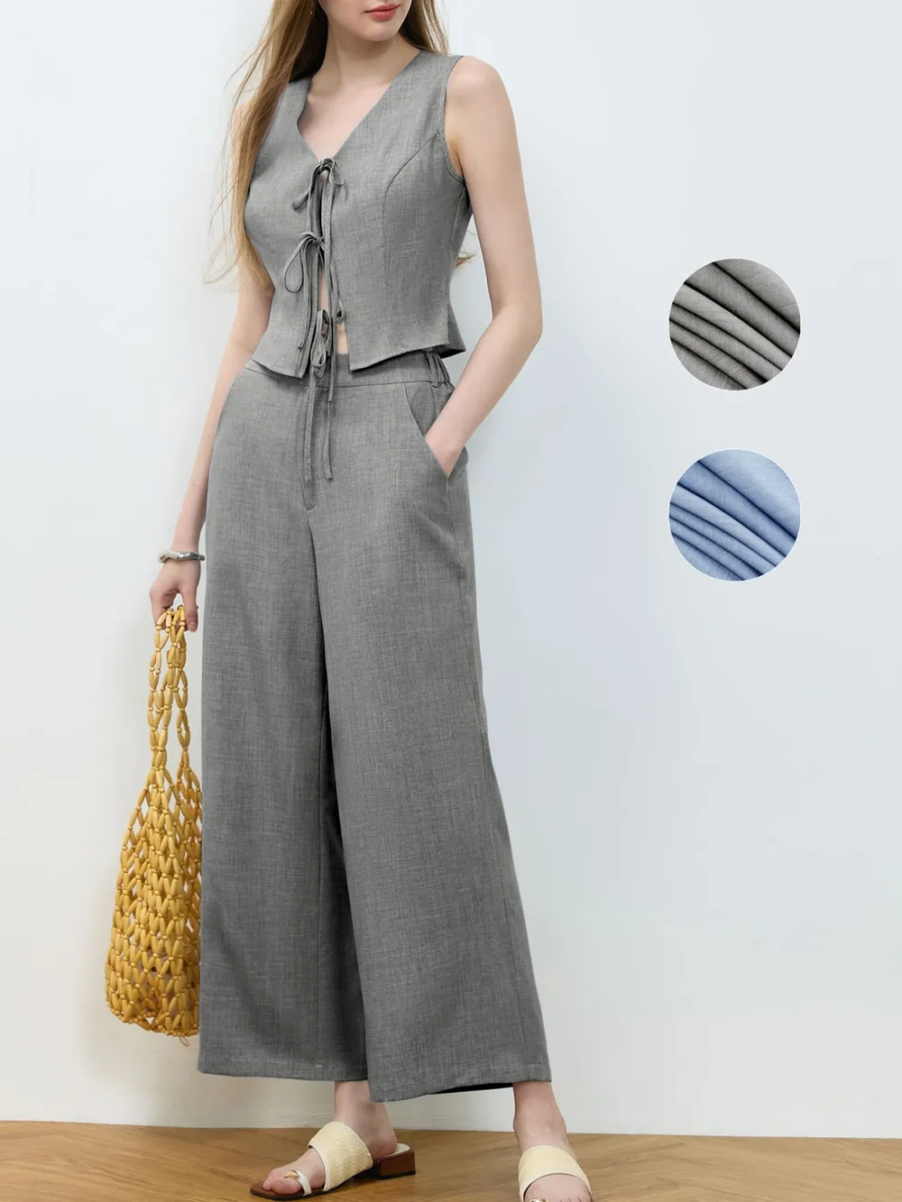 Tie Front Vest and Wide Leg Pants Set, image 3
