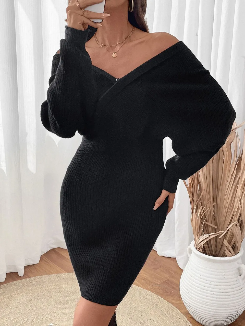 Surplice Long Sleeve Sweater Dress, image 5