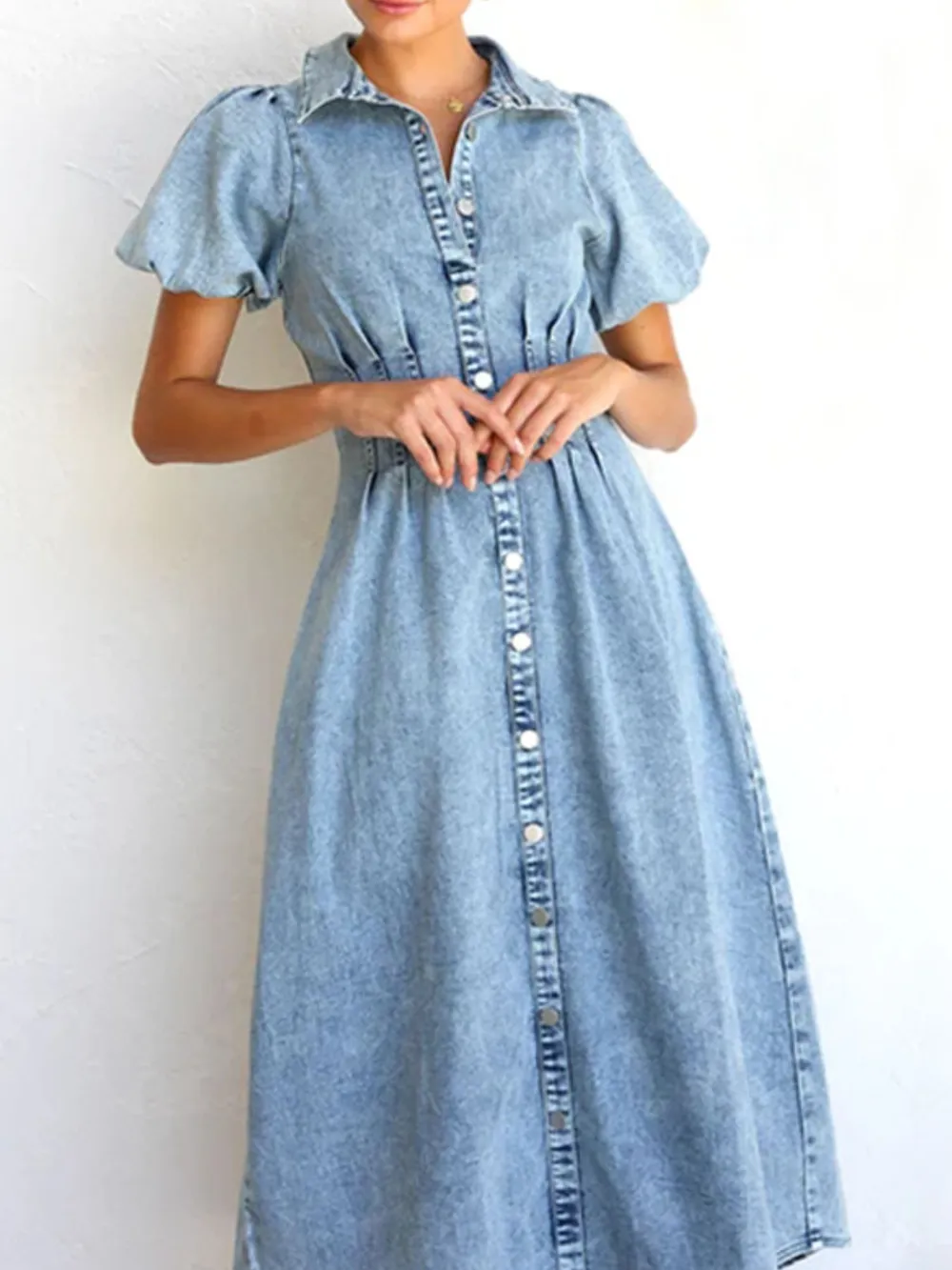 Puff Sleeve Button Front Denim Midi Dress, image 2