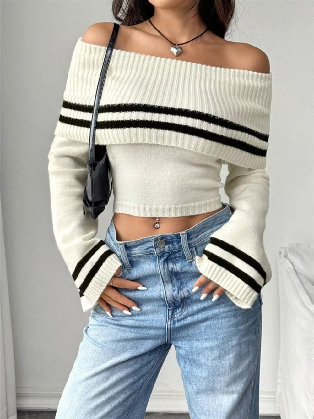 Off-Shoulder Striped Flare Sleeve Sweater, image 2
