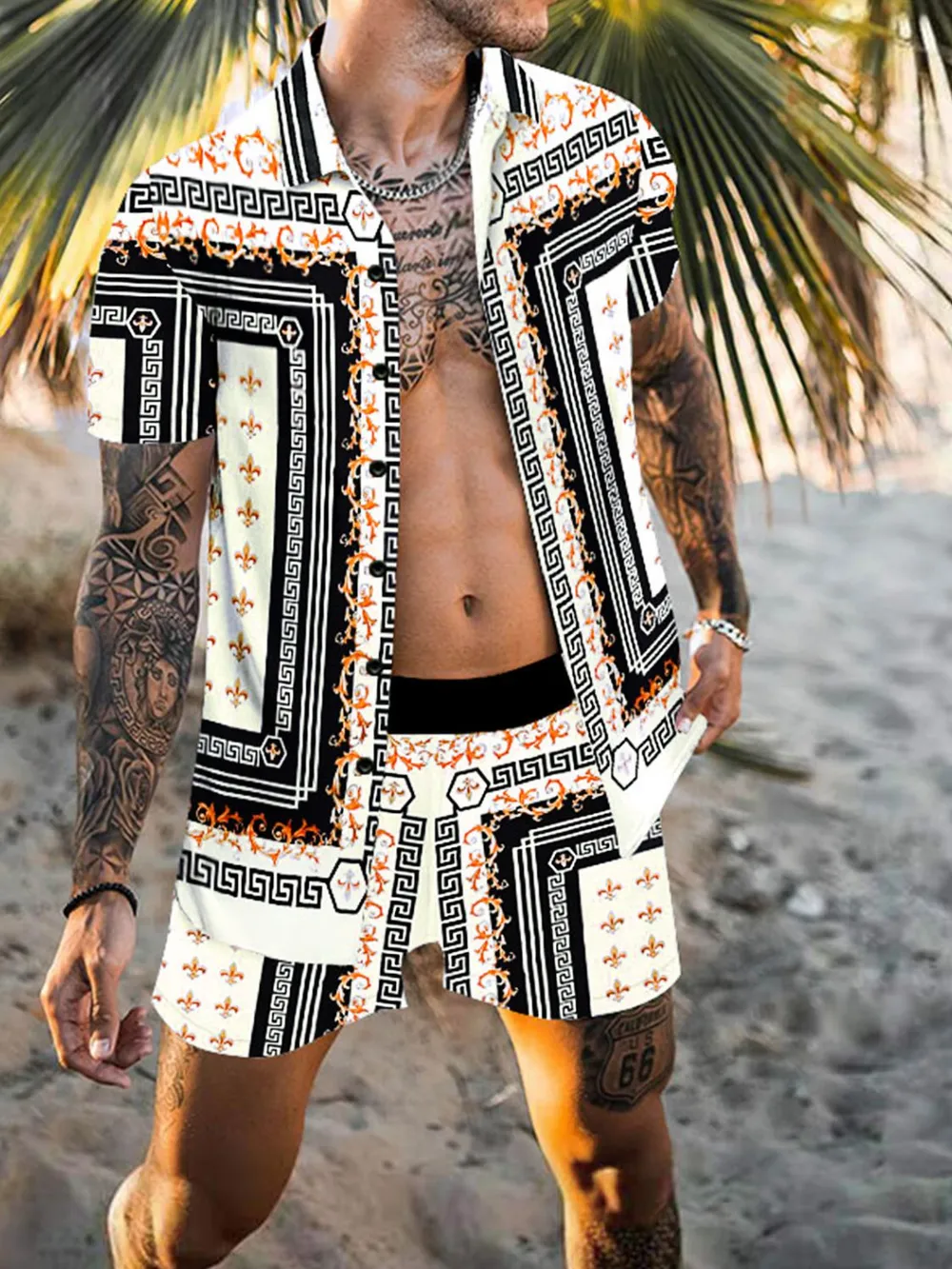 Men's Full Size Printed Collared Neck Short Sleeve Top and Shorts Set Plus Size, image 2
