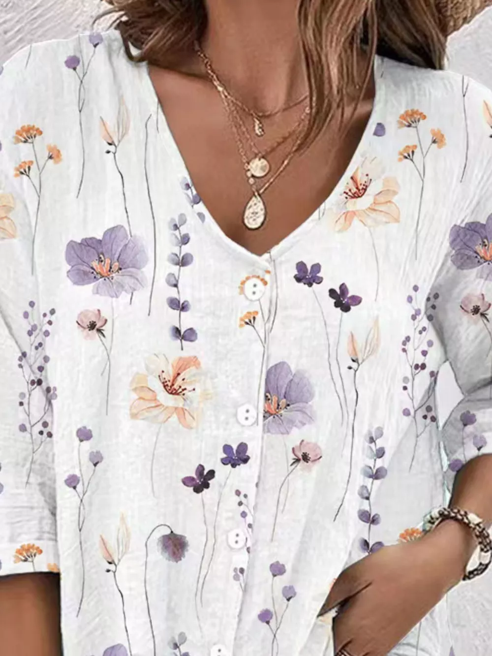 Floral Print V-Neck Button-Down Shirt, image 5
