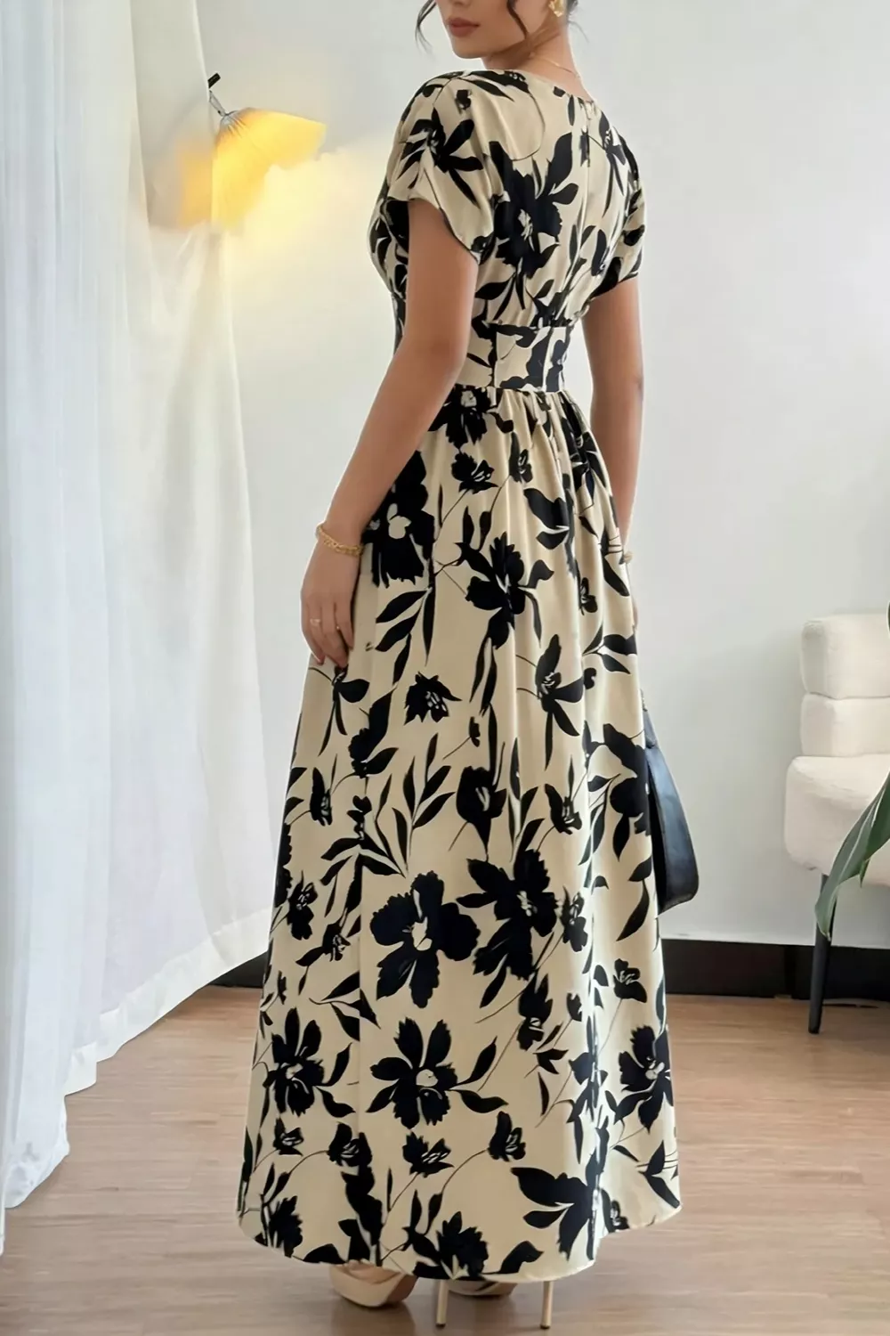 Floral Print Short Sleeve A-Line Maxi Dress, image 3