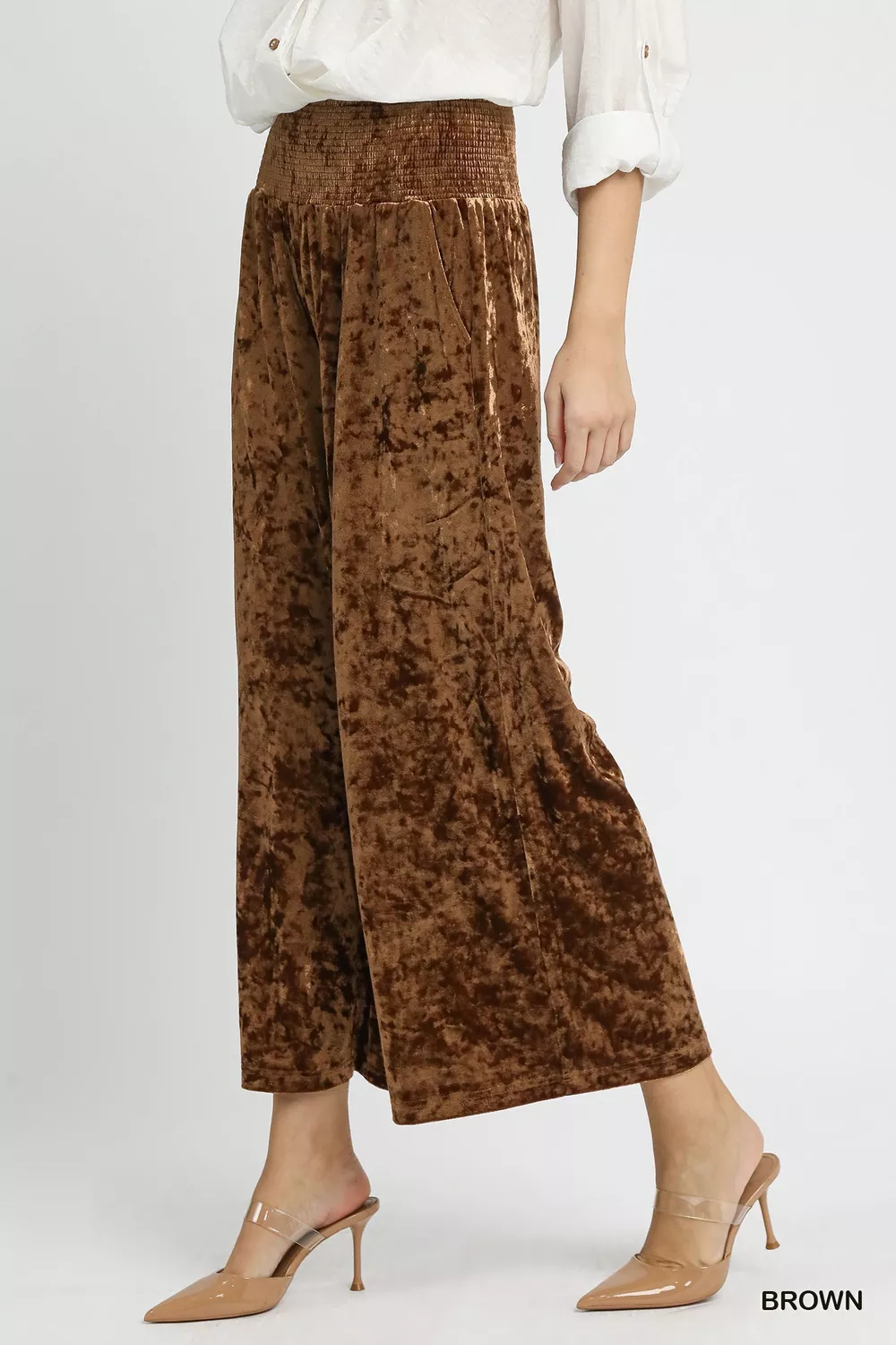 Velvet Smocked Waistband Wide Leg Pants, image 3