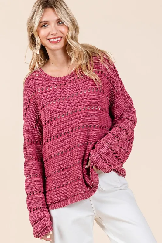 Openwork Round Neck Drop Shoulder Sweater, image 4